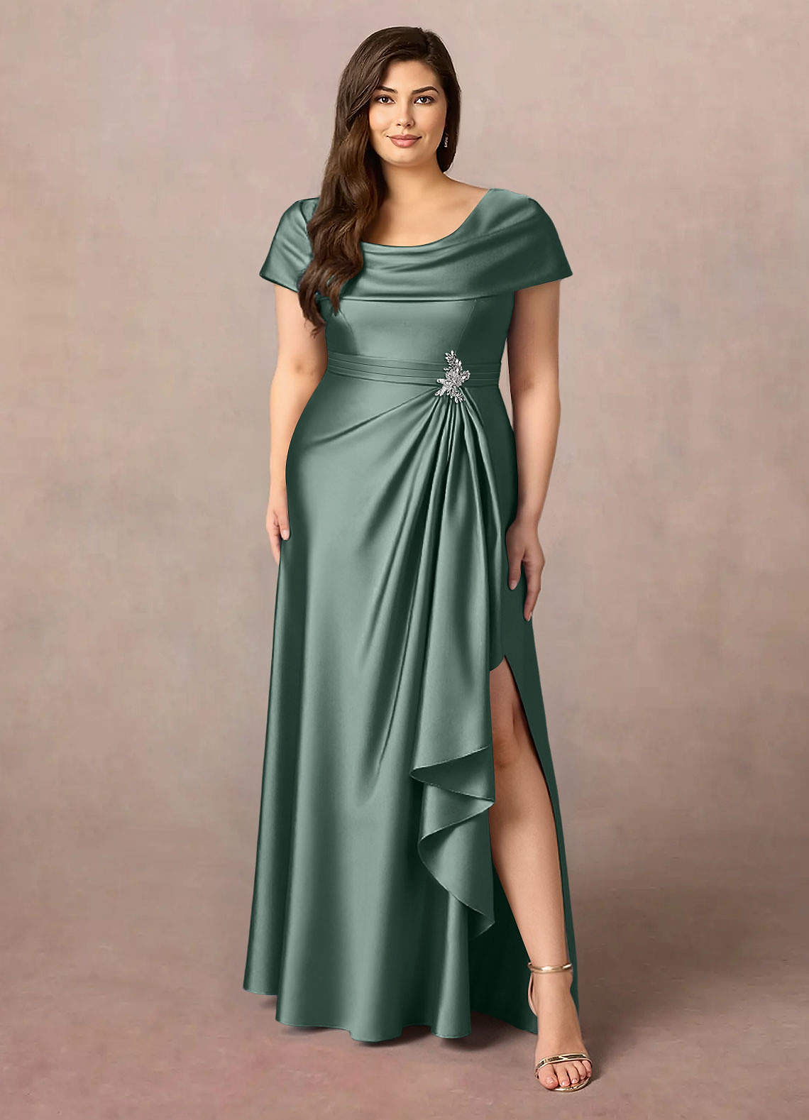 Azazie Branford Mother of the Bride Dresses Sea Moss A-Line Pleated Stretch Satin Dress image1