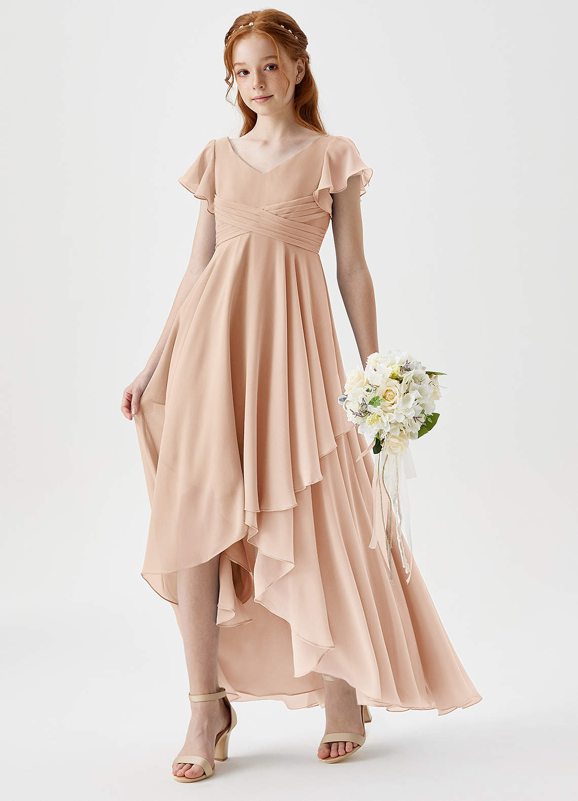 Azazie Caria Junior English Rose A-Line Pleated Chiffon Dress image1