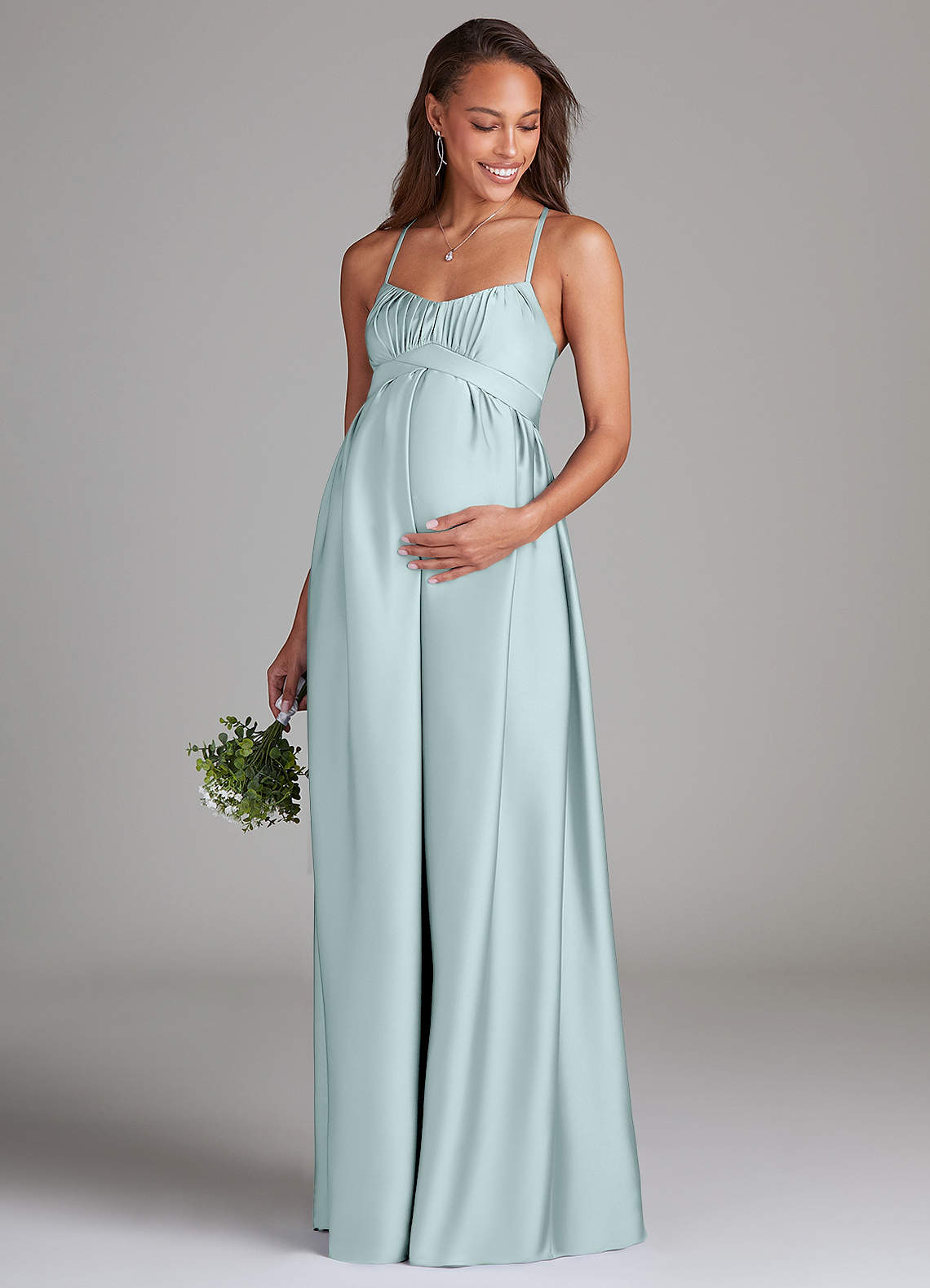 Azazie Llana Maternity Bridesmaid Dresses A-Line Stretch Satin Floor-Length Dress with Pockets image1