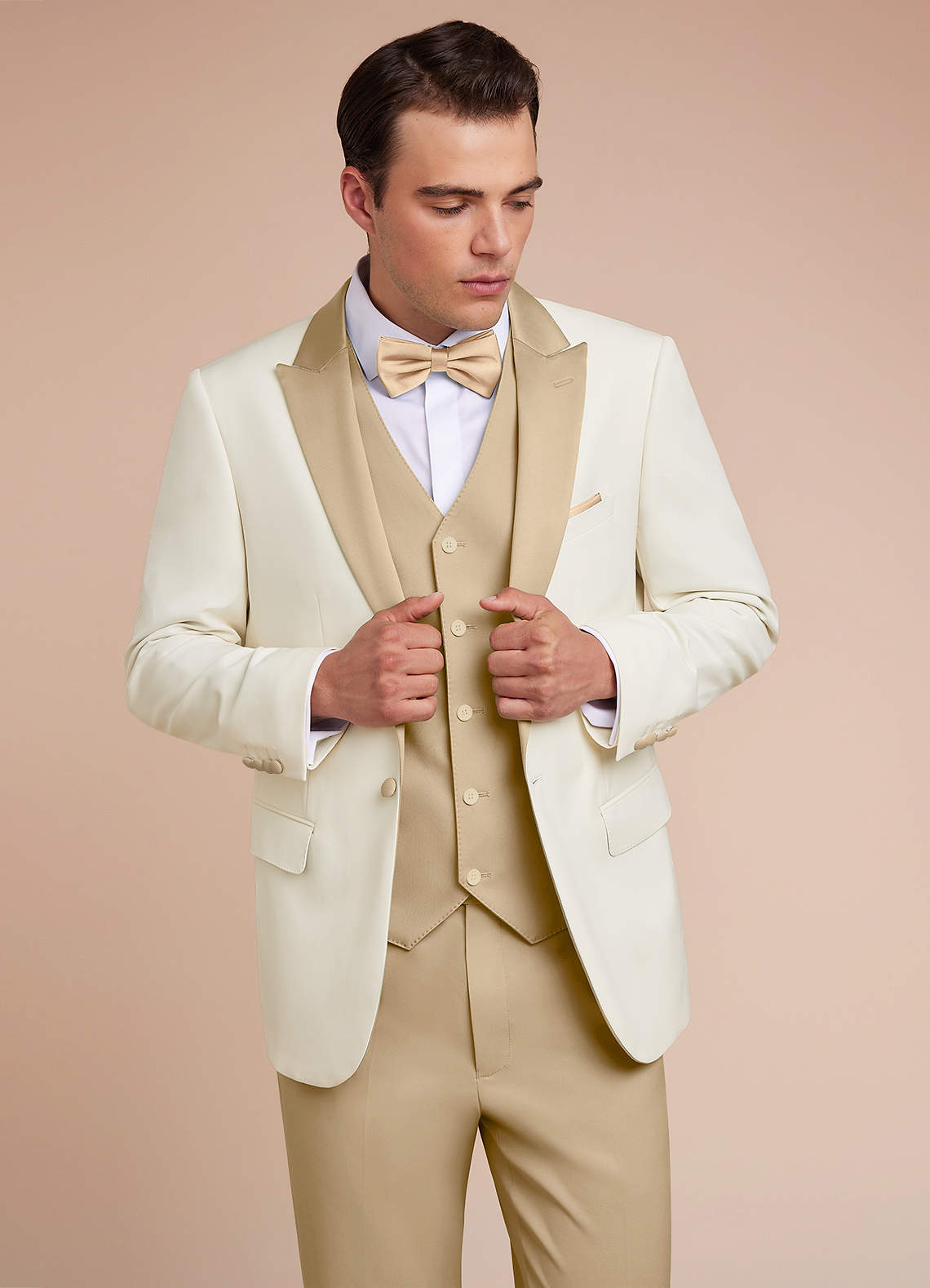 front Adrian Champagne Shawl Lapel Structured Stretch Tuxedo Jacket