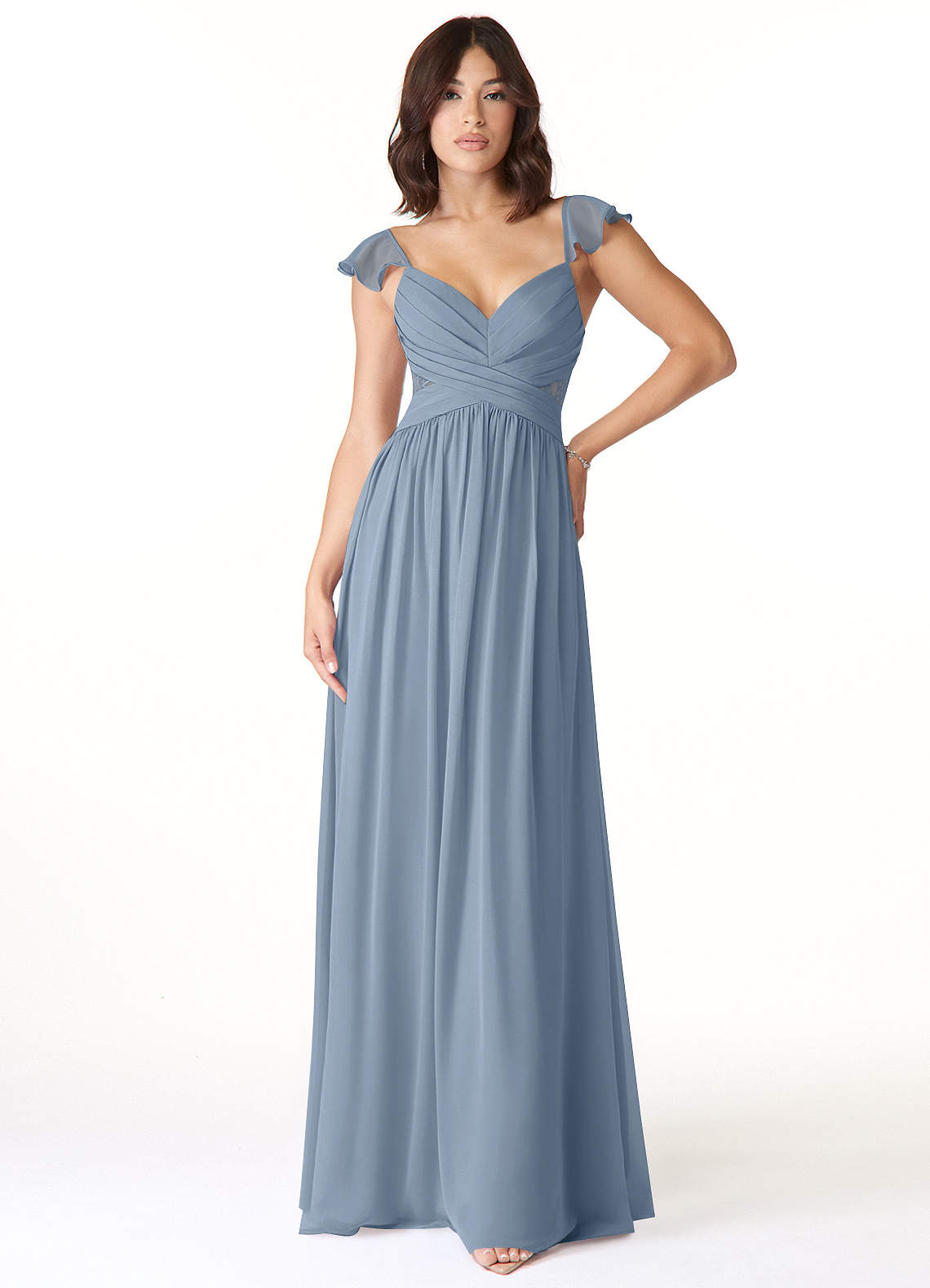 Azazie Lissa Bridesmaid Dresses Dusty Blue A-Line Lace Chiffon Dress image1
