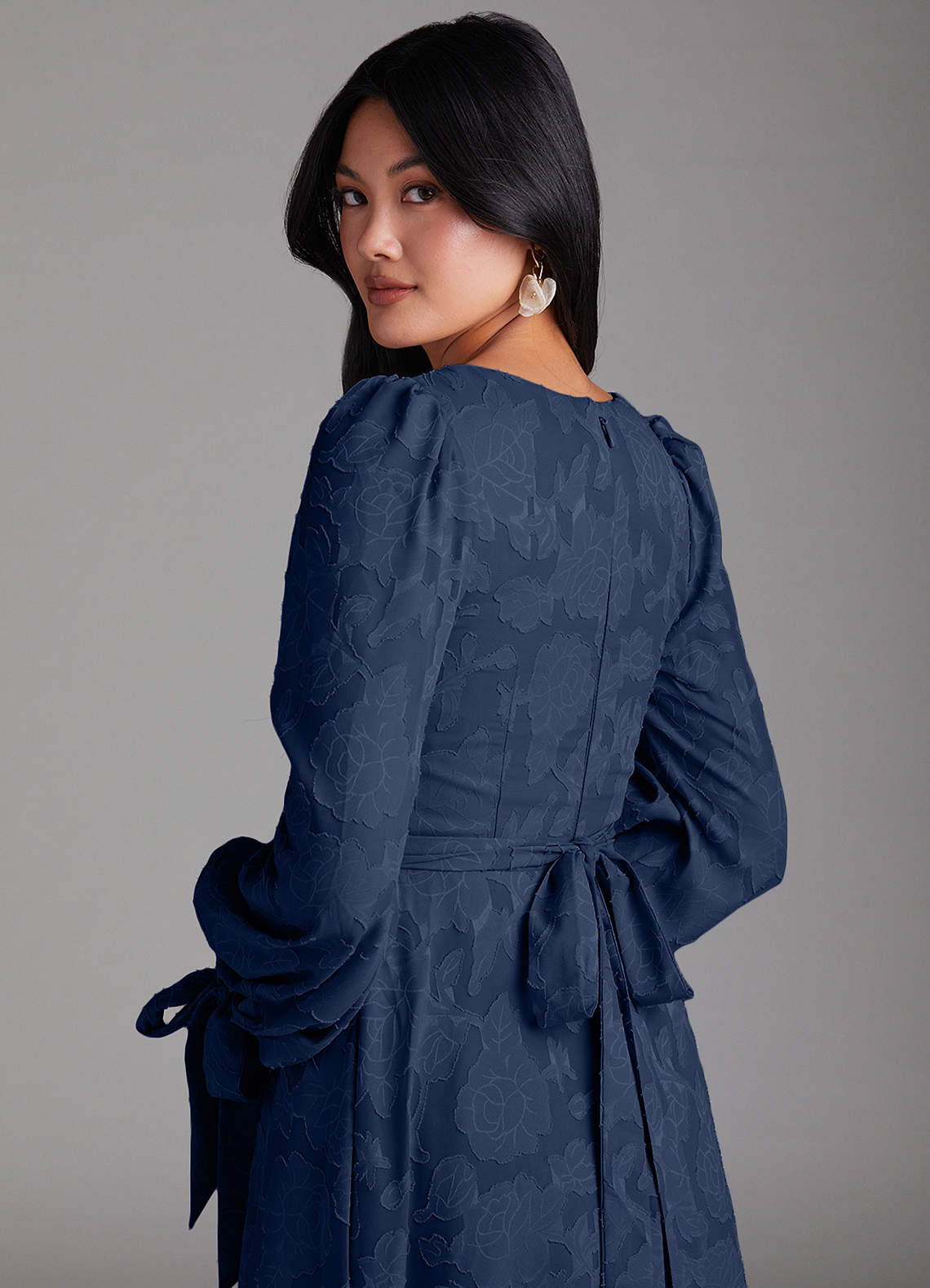Azazie Leonia Bridesmaid Dresses Dark Navy A-Line Long Sleeve Floral Burnout Dress image4