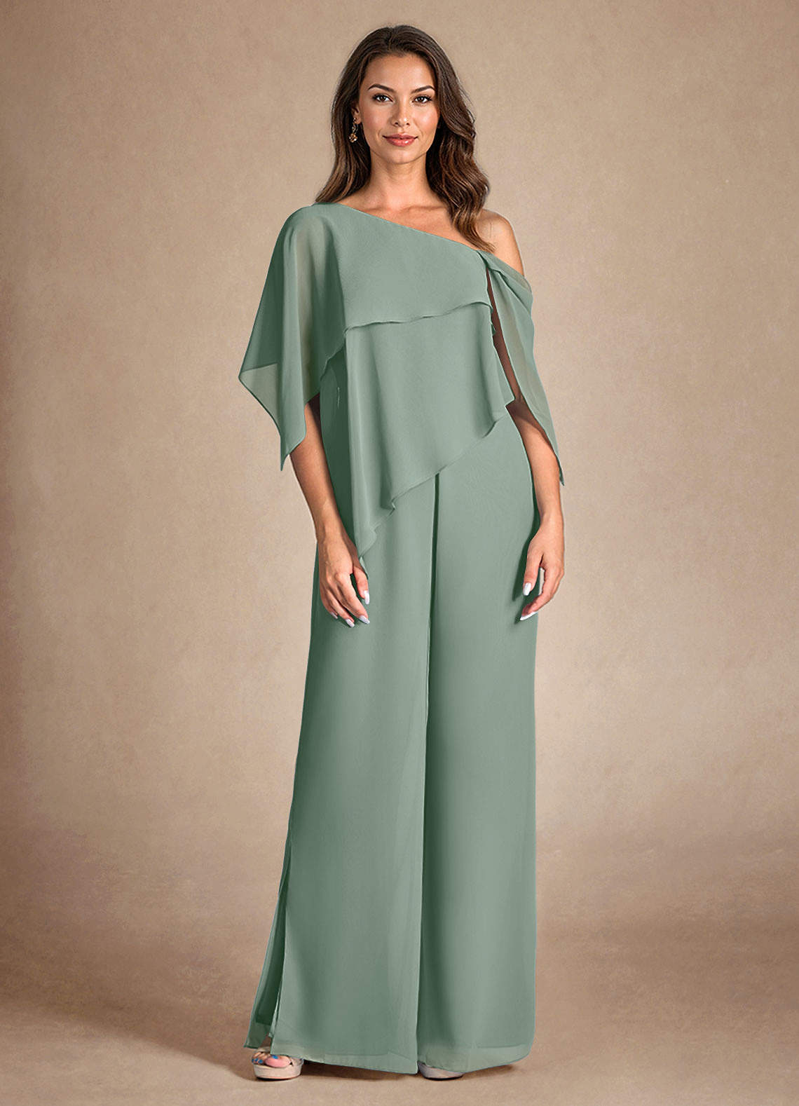 Azazie Halima Vestidos para mãe da noiva Vestido Sálvia Prateada de Chiffon de Macacão/terninho com Fenda Lateral image4