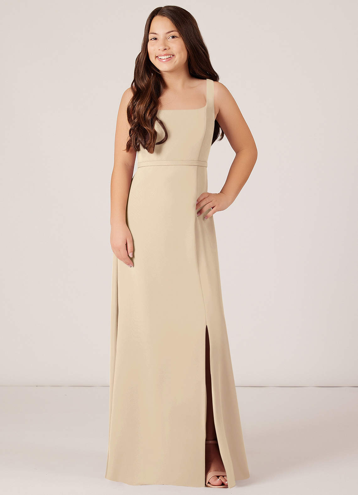 Azazie Renee Junior Champagne A-Line Side Slit Chiffon Dress image1