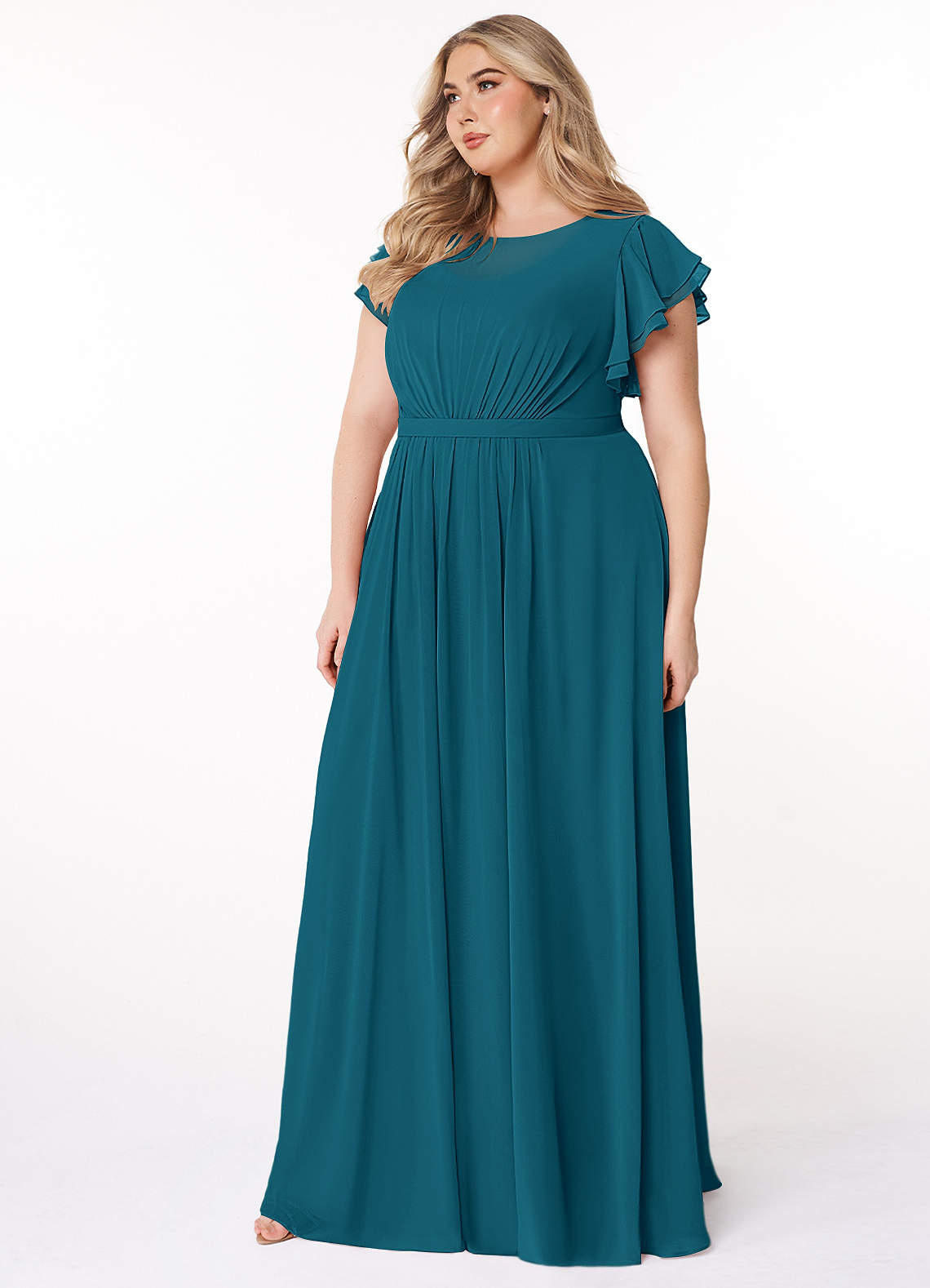 Turquoise Maxi Turquoise Bridesmaid Dresses Plus Size Azazie  A-Line/Princess Illusion Floor-Length Chiffon Modest Bridesmaid Dresses Ink  Blue
