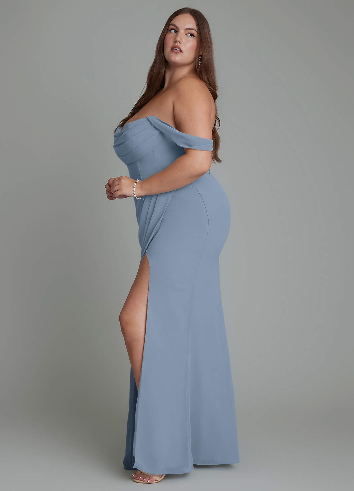 Azazie Johana Bridesmaid Dresses Dusty Blue Mermaid Off the Shoulder Chiffon Convertible Dress image12