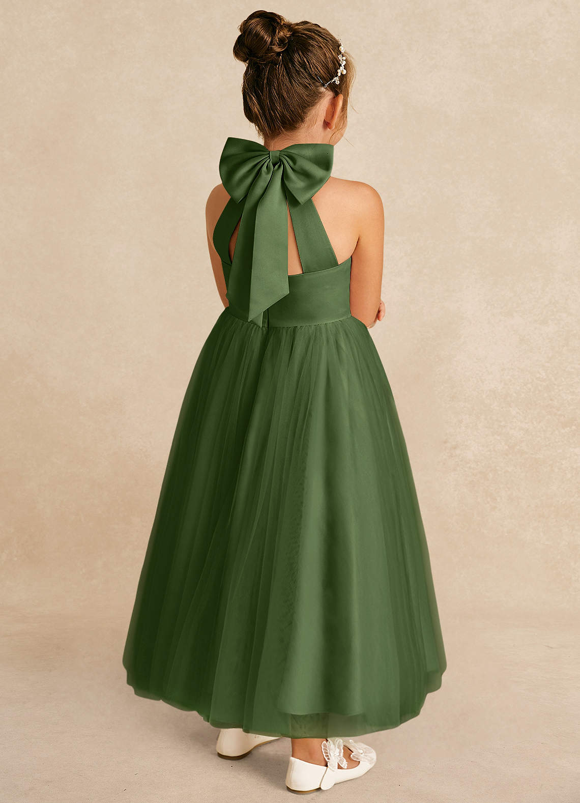 Azazie Bev Flower Girl Dresses Olive A-Line Convertible Tulle Dress image5
