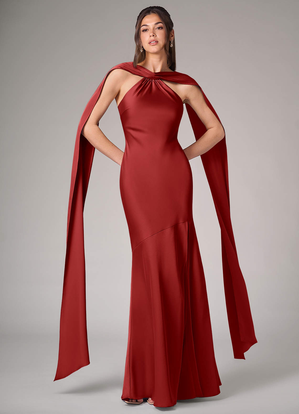 Azazie Kinsley Bridesmaid Dresses Pomegranate Mermaid Side Slit Stretch Satin Dress image1