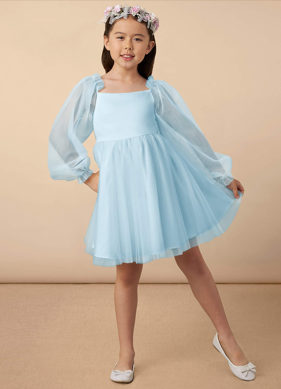 Azazie Aya vestidos de niña de las flores Vestido de Azul Cielo de Tul de Corte En A con Con mangas image1