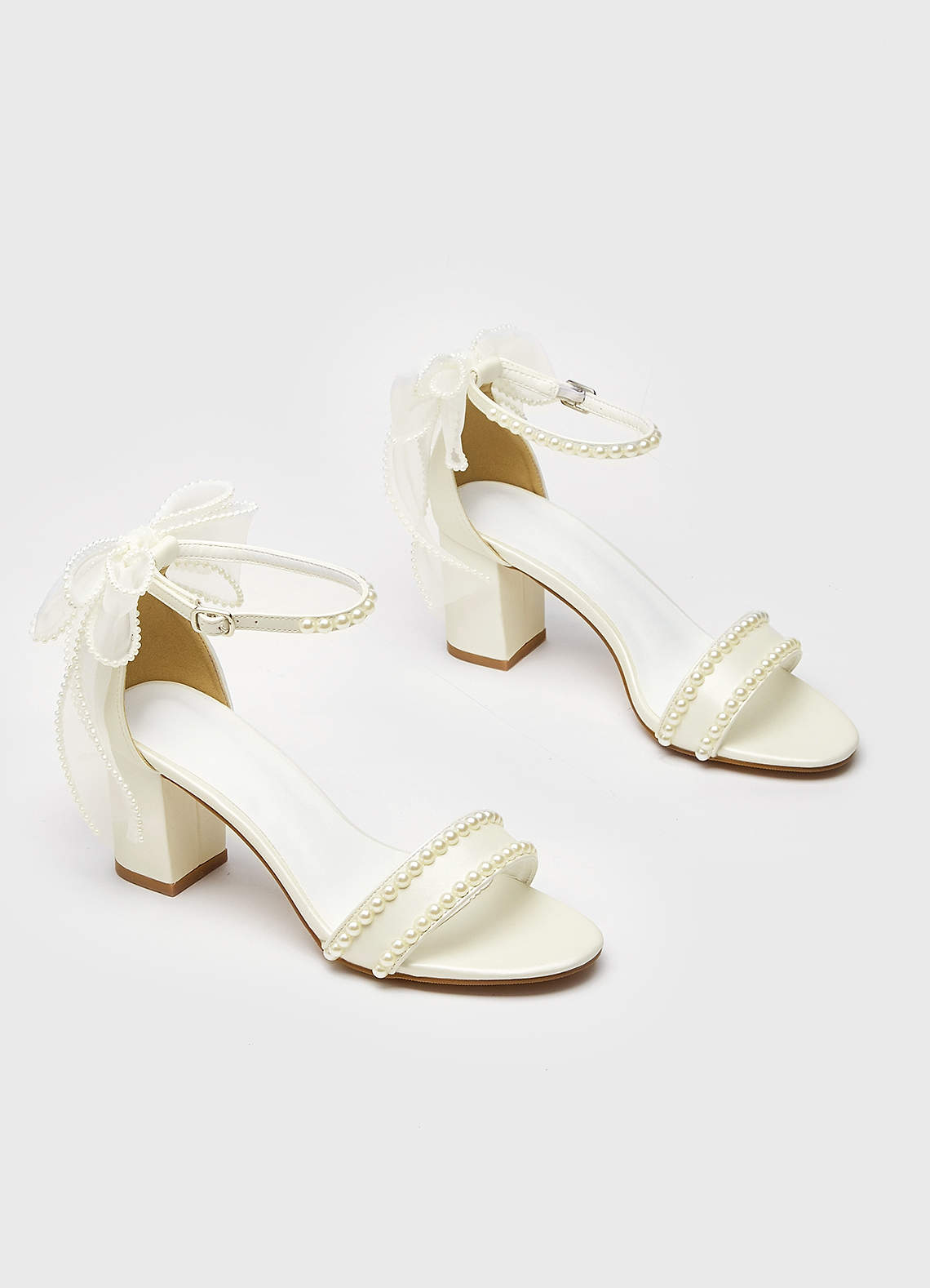 front Mini Pearl and Bow Block Heel Sandals