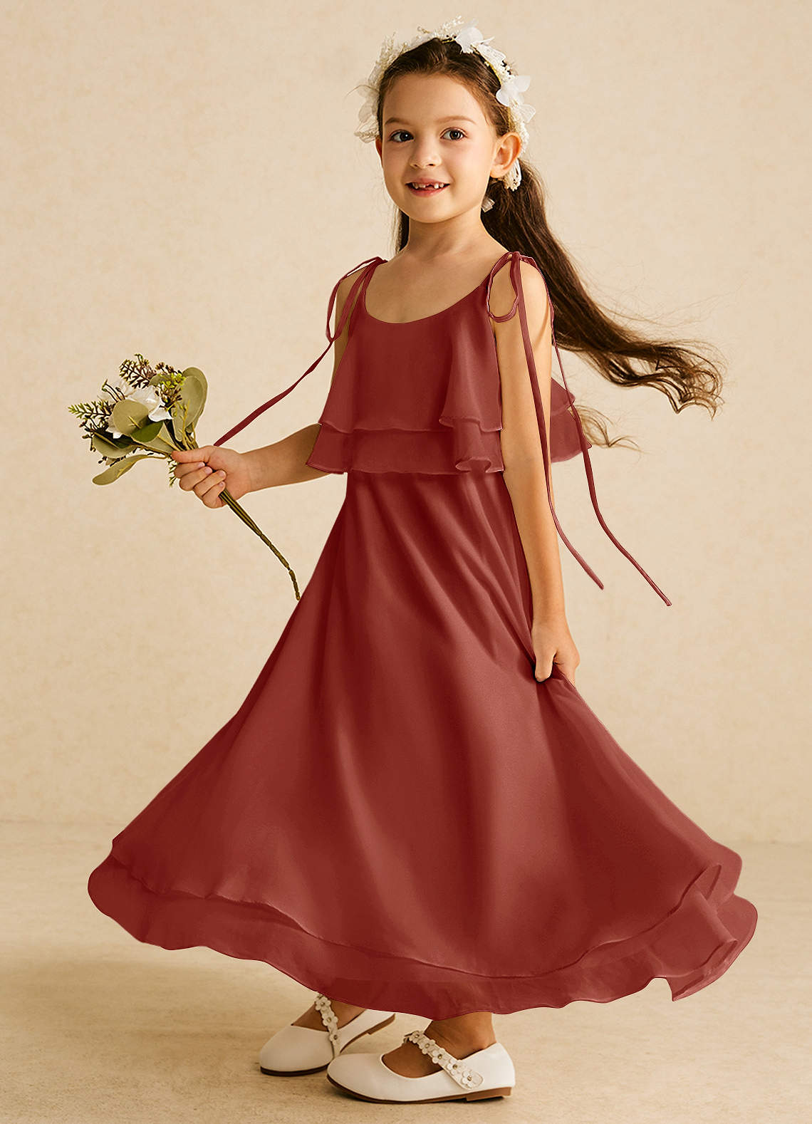 Azazie Temi Jurken voor bloemenmeisjes A-Lijn Jurk van Chiffon Spaghetti Bandje Terracotta image1