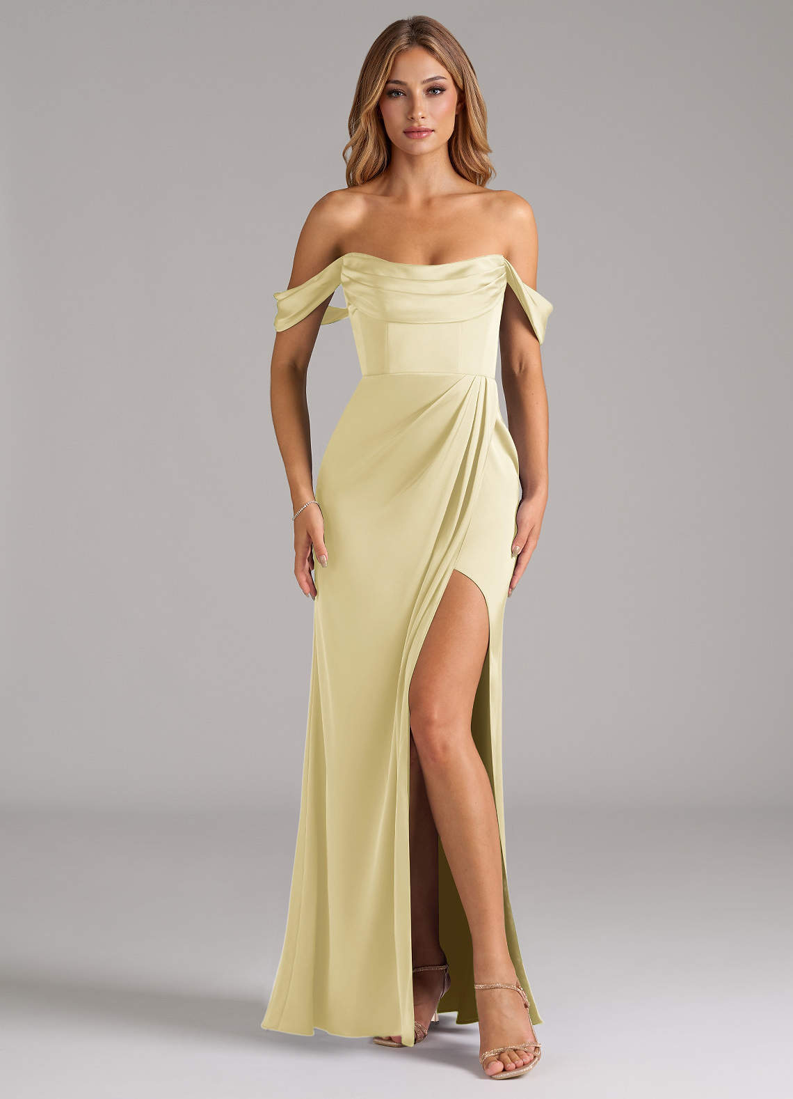 Azazie Johana Brautjungfernkleider Wandelbar Meerjungfrau-Linie Schulterfrei Stretch-Satin Kleid Zitronensorbet image2