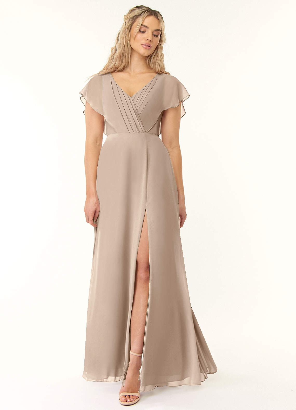 Azazie Plus Size A-Line/Princess V-Neck Floor-Length Chiffon Bridesmaid Dresses - taupe