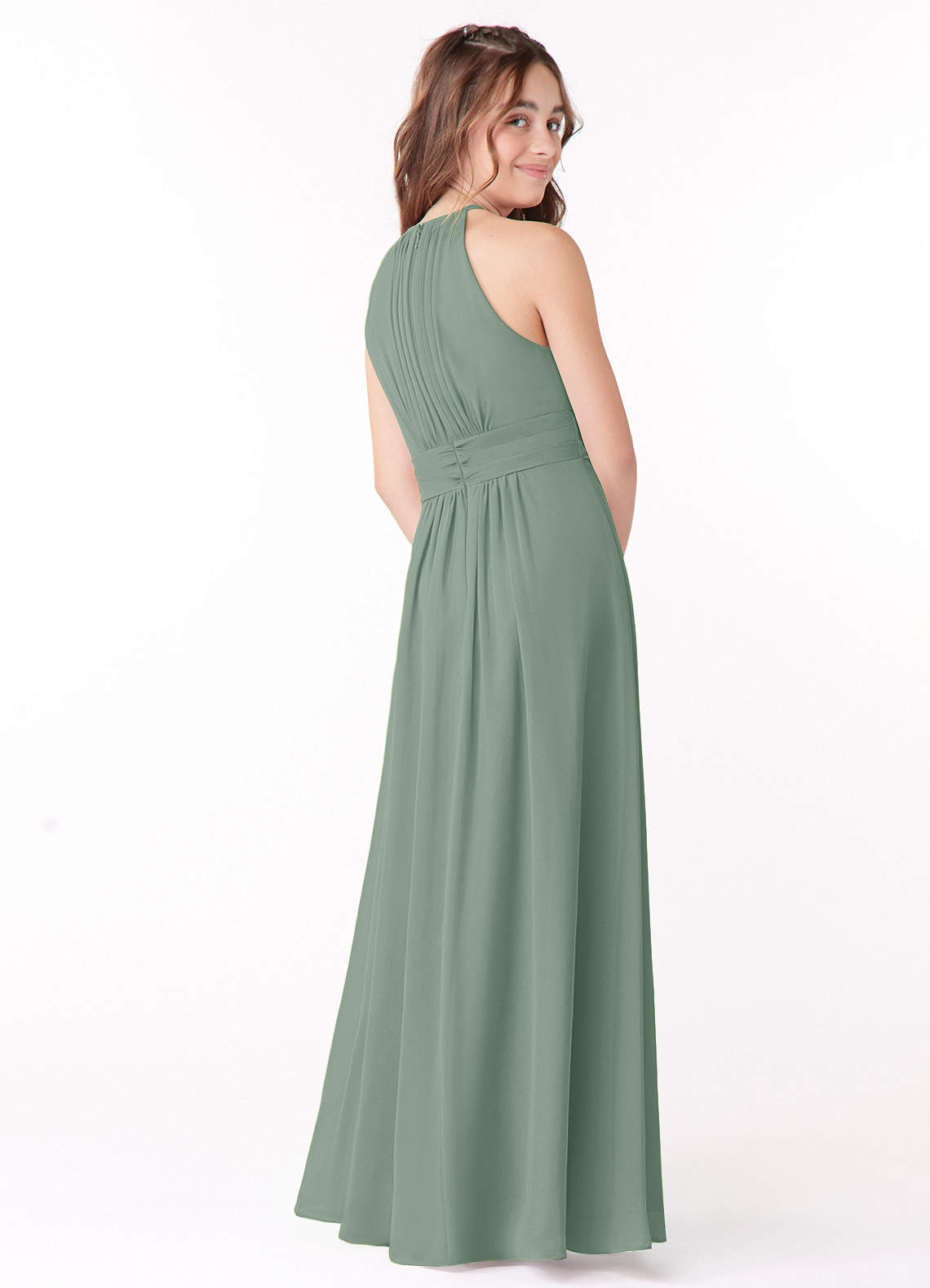 Azazie Bonnie Junior Silver Sage A-Line Pleated Chiffon Dress image2