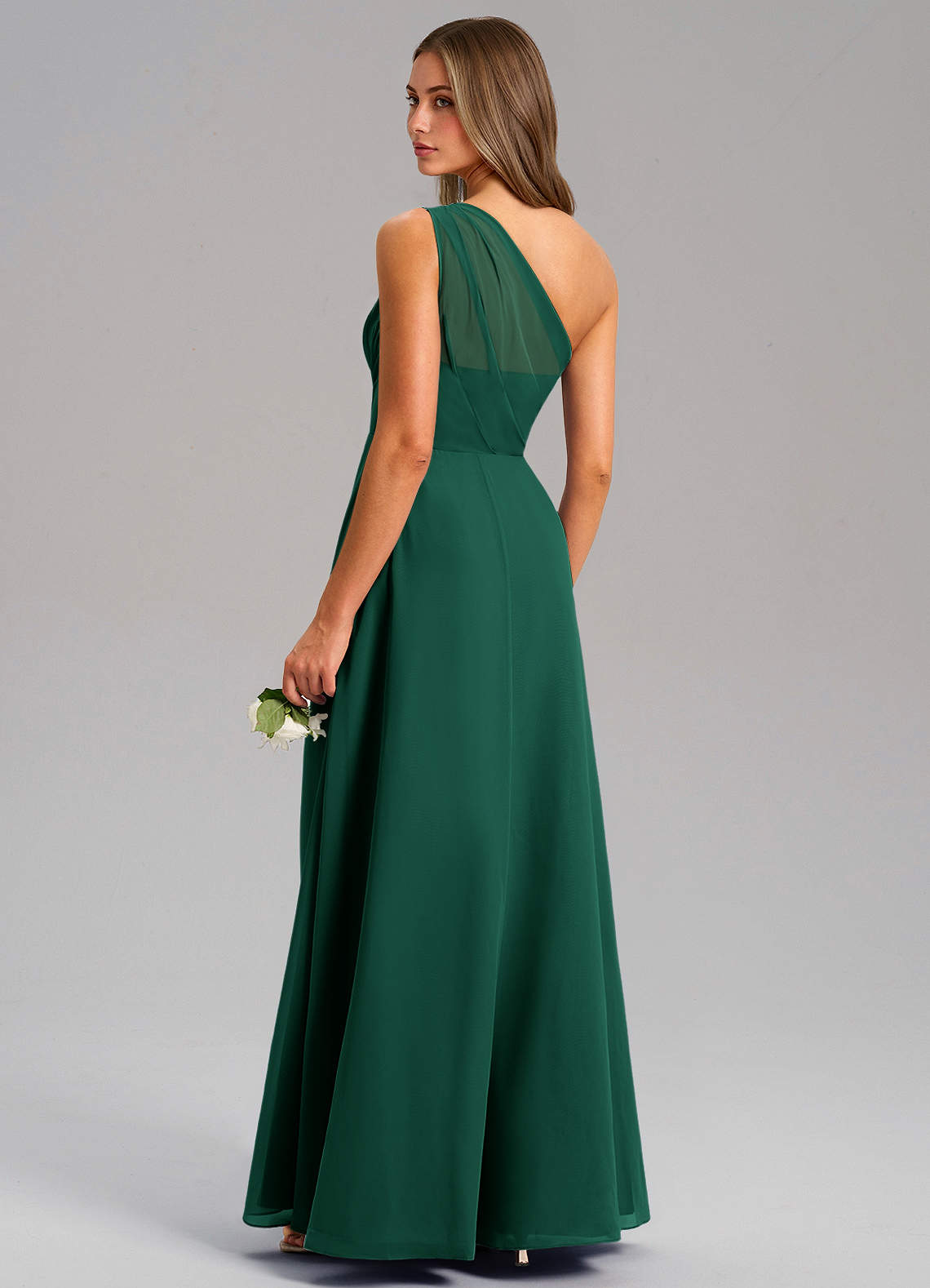 Azazie Phaedra Vestidos de madrinha de casamento Vestido Esmeralda de Chiffon de Linha A com Um ombro image6