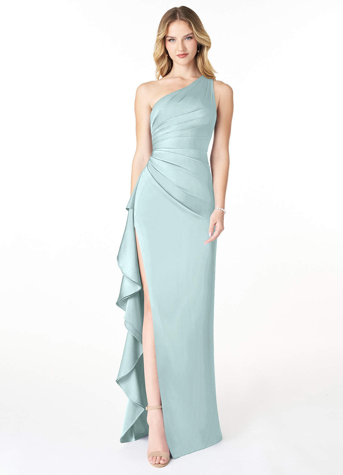 Azazie Latrice Bridesmaid Dresses Sea Glass Sheath One Shoulder Cascading Ruffles Stretch Satin Dress image1