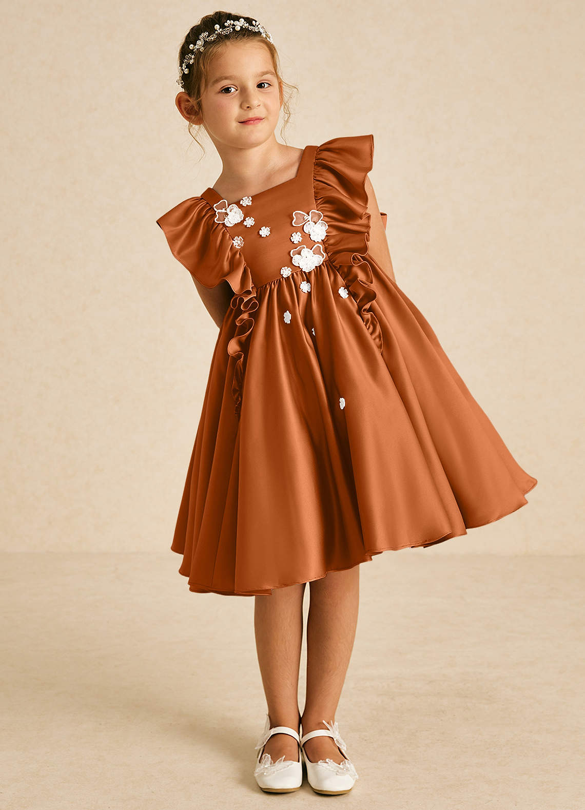 Azazie Sue Ellen vestidos de niña de las flores Vestido de Cobre de Satin Mate de Corte En A con Lazo image1