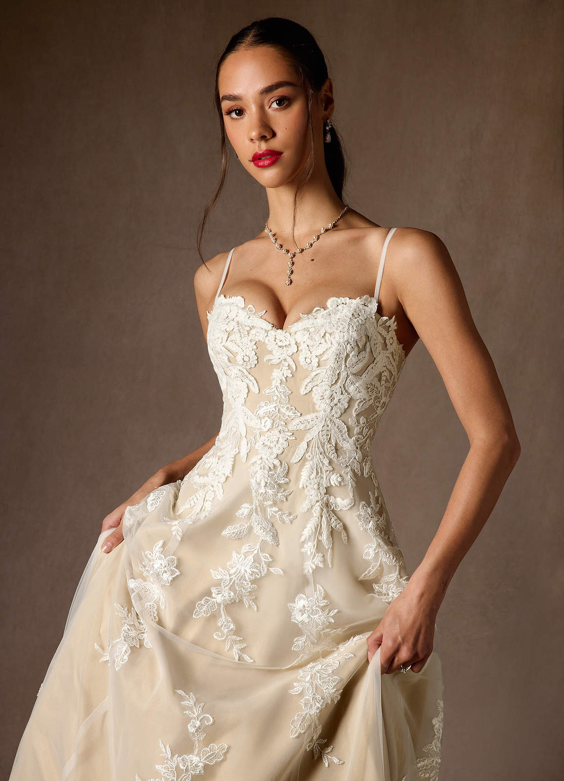 Azazie Madeleine At-home Try On Dresses Diamond White Champagne Ball-Gown Strapless Lace Dress image10
