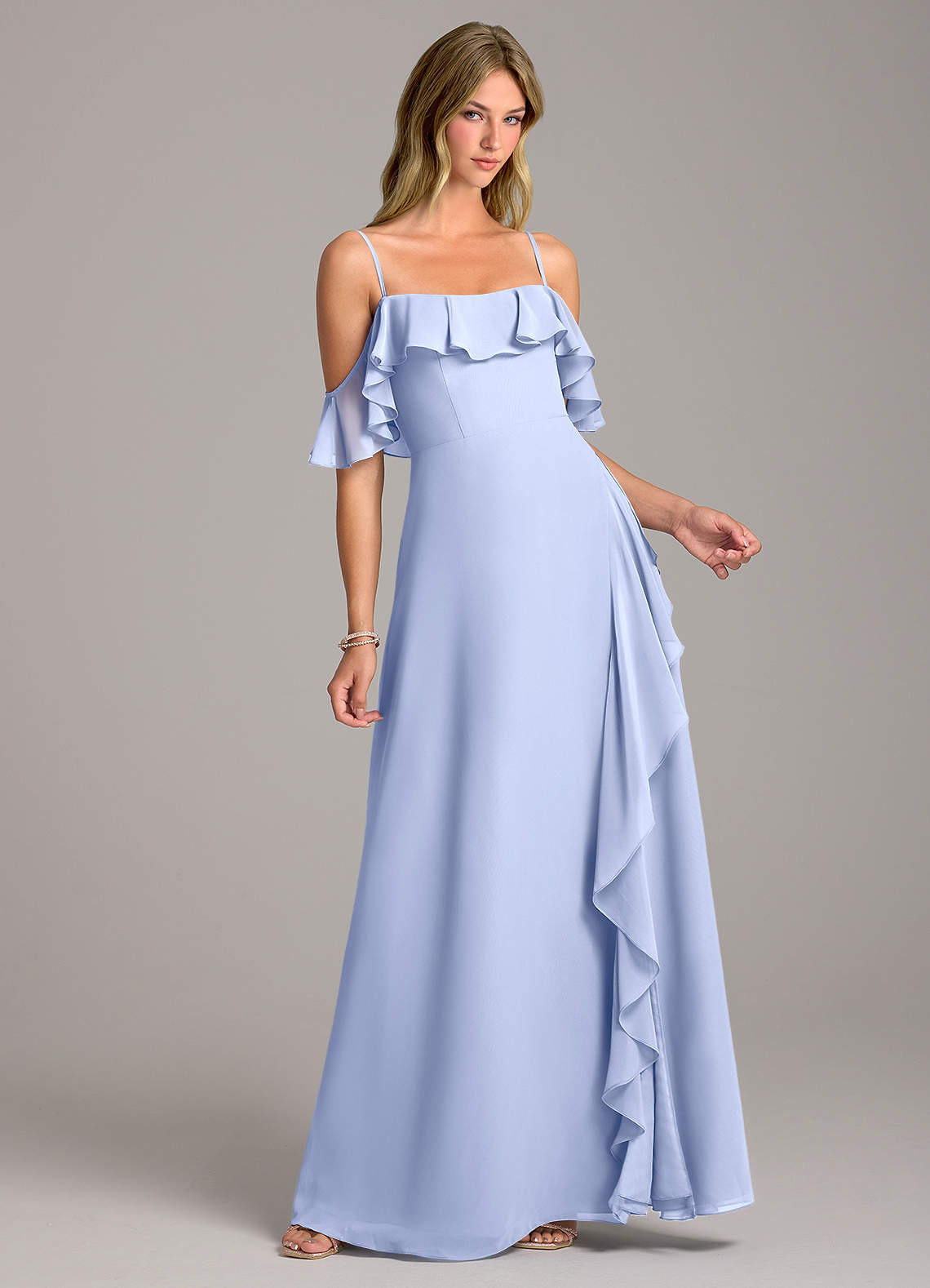 Azazie Aubrie Jurken voor thuis passen Jurk van Chiffon met A-Lijn Off the Shoulder Eucalyptus image1