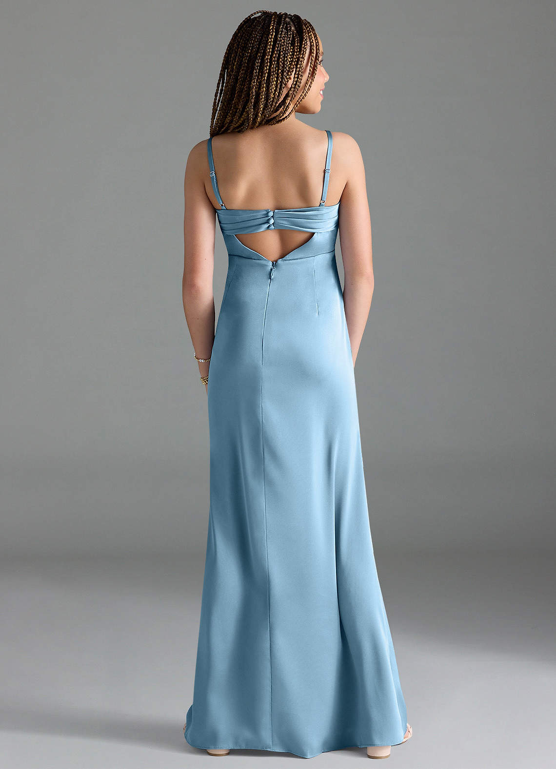 Azazie Leonis Junior Steel Blue A-Line Pleated Stretch Satin Dress image1