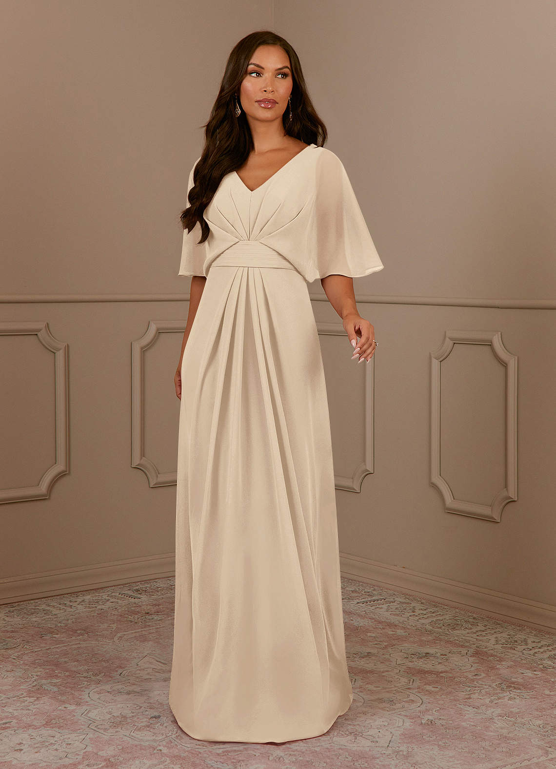 Azazie A Line Princess V Neck Floor Length Chiffon Mother of Groom Bride Dresses Champagne