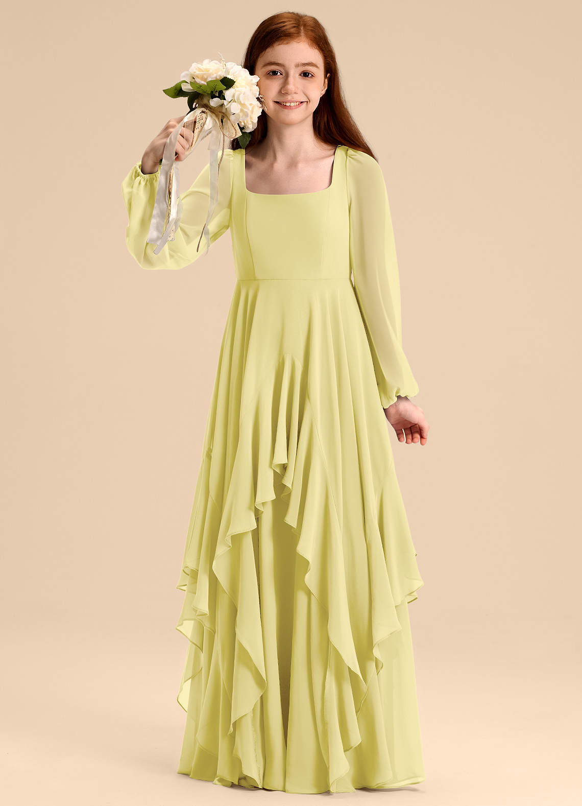 Azazie Clara Junior Lemon Sorbet A-Line Blouson Chiffon Dress image1