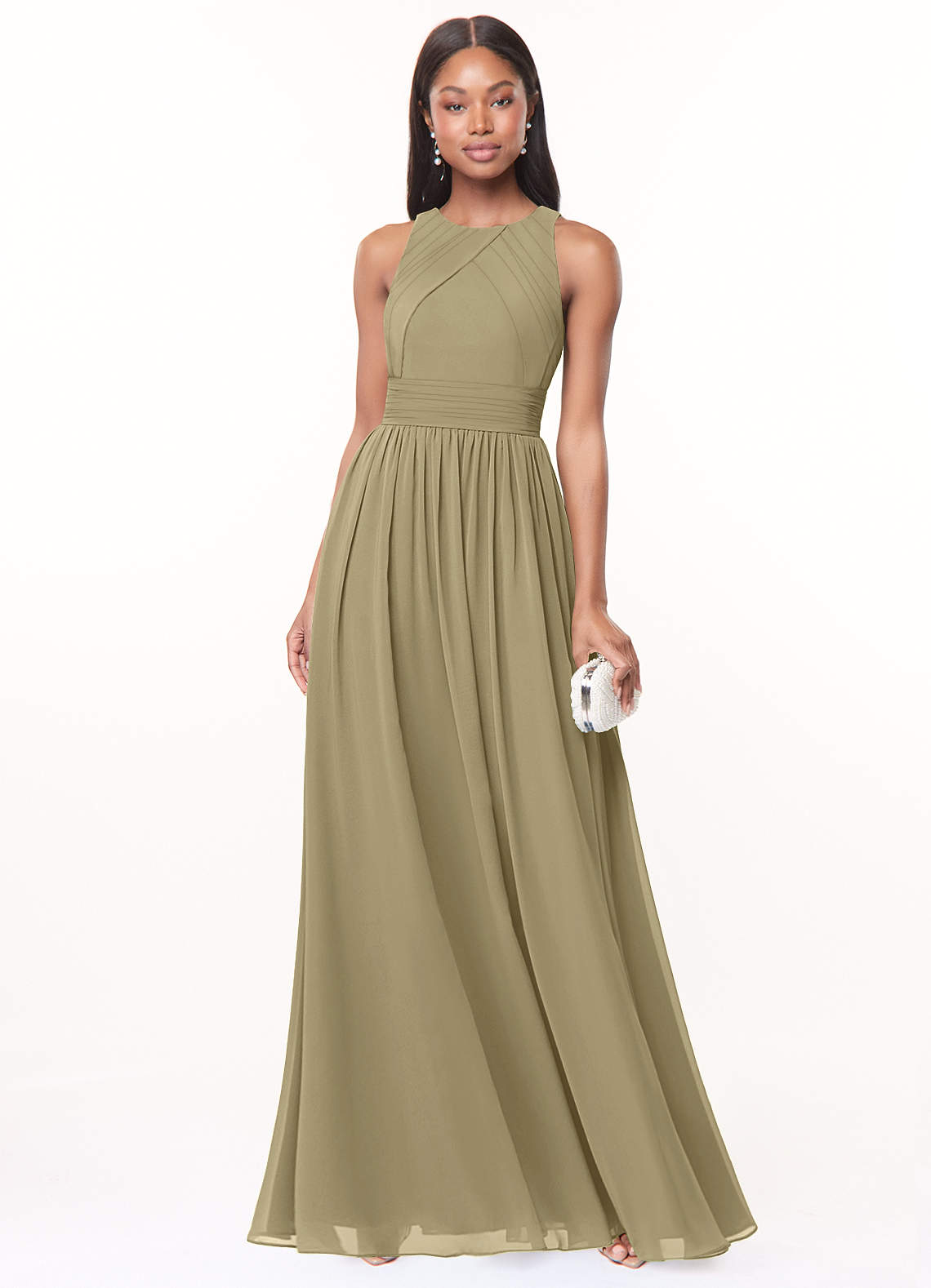 white christmas dresses Pleated Halter Matcha Green Chiffon Long Bridesmaid Dress – Ohmollydress main image 0