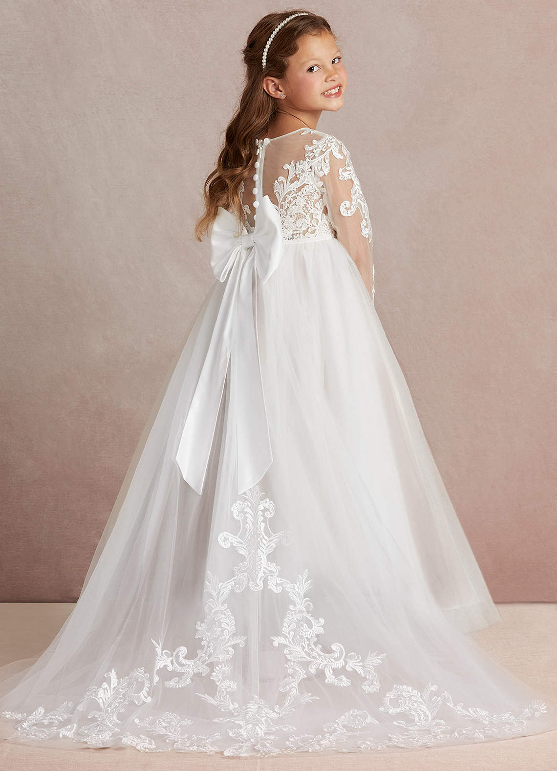 Azazie Elodie Flower Girl Dresses Ivory Taupe Ball-Gown Lace Dress image1