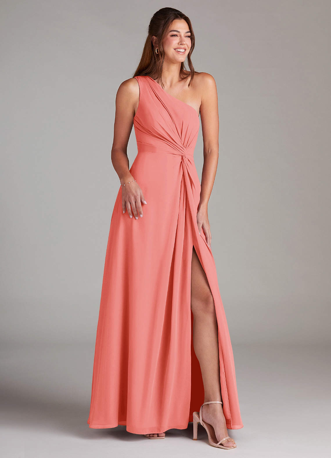 Azazie Brooke Bridesmaid Dresses Coral A-Line One Shoulder Chiffon Dress image3