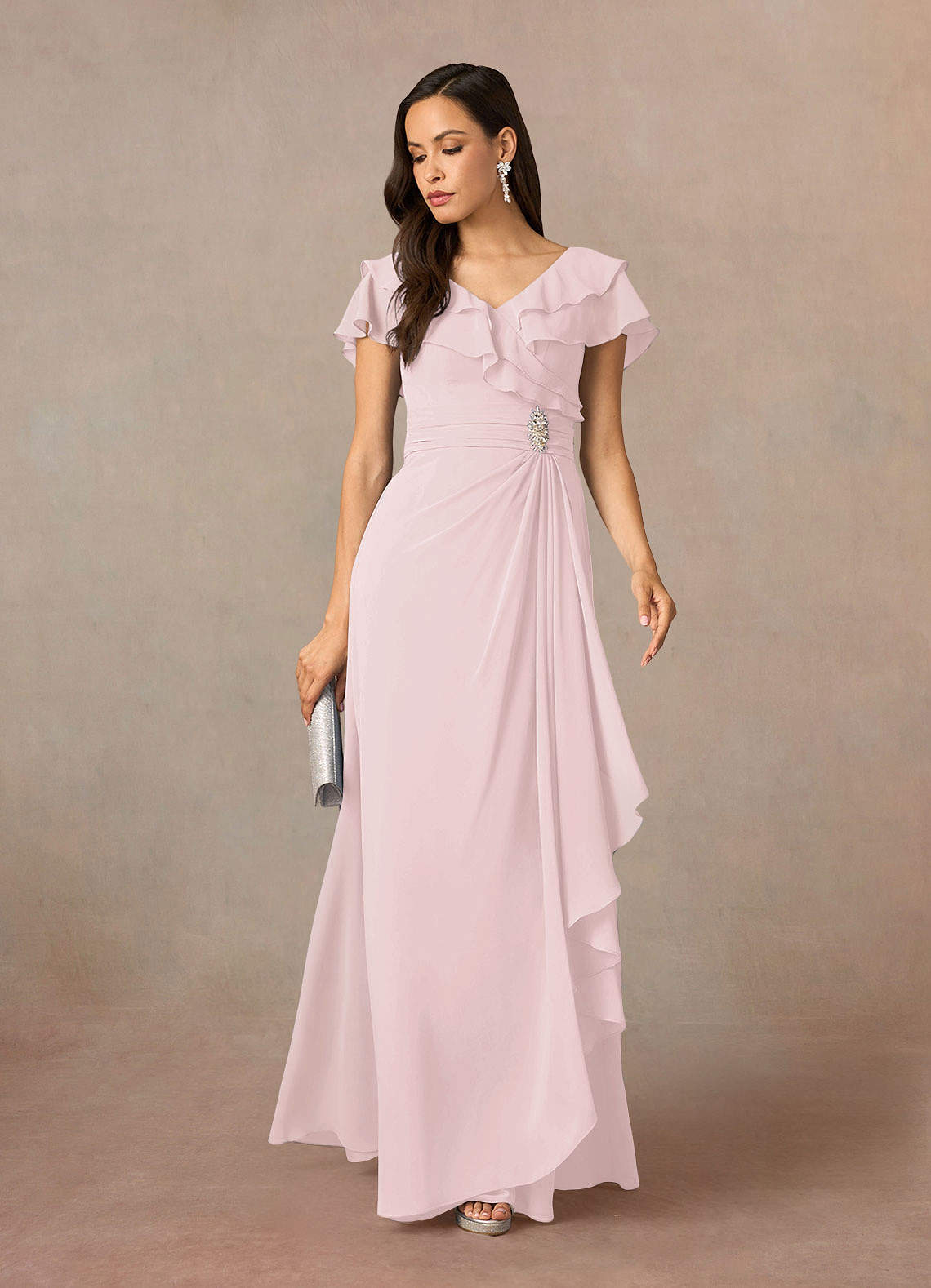 Azazie Snapdragon Mother of the Bride Dresses Blushing Pink A-Line V-Neck Ruched Chiffon Dress image1