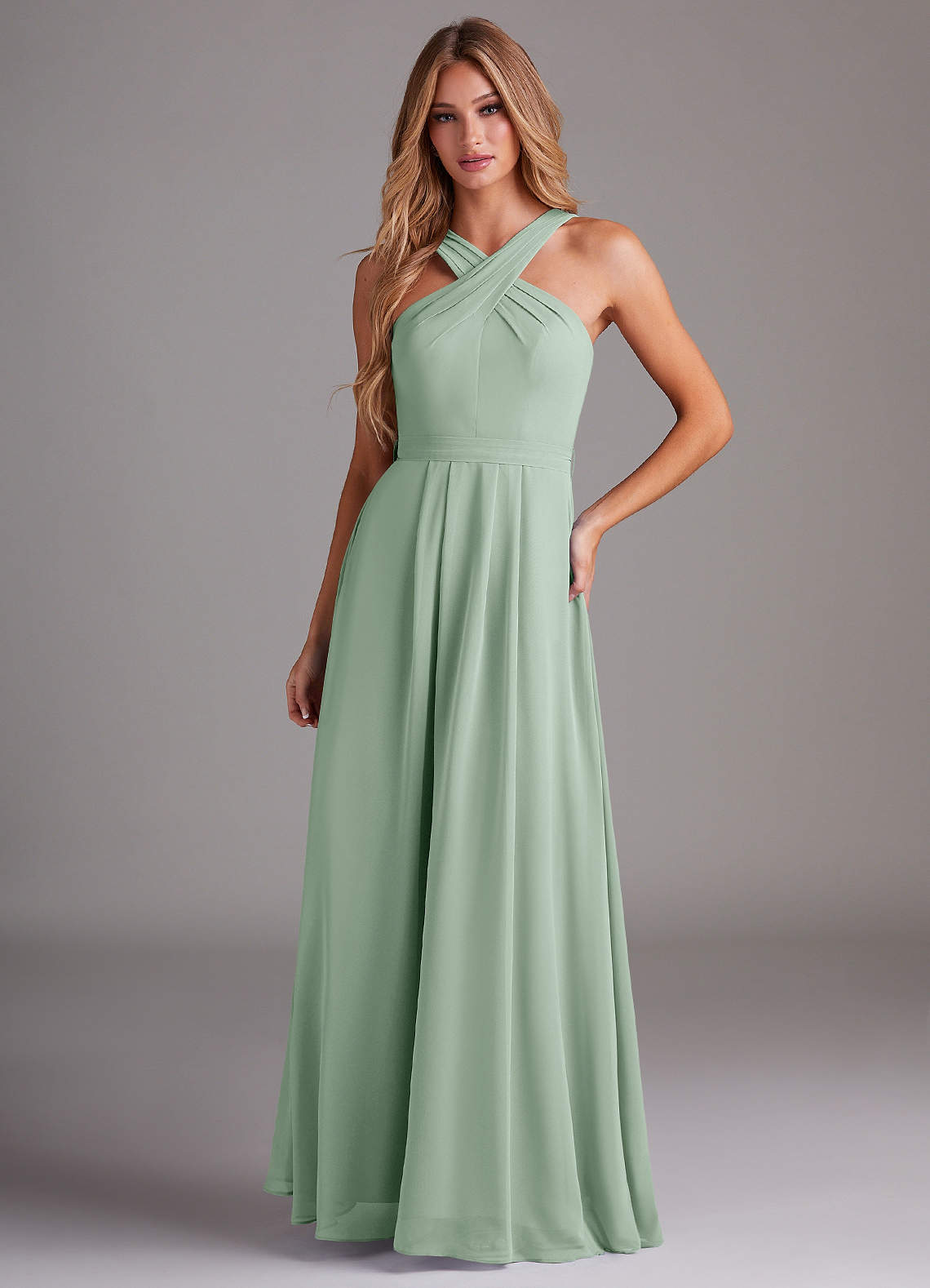 Azazie Plus Size A-Line Halter Neck Floor-Length Chiffon Bridesmaid Dresses - Agave Azazie Plus Size A-Line Halter Neck Floor-Length Chiffon Bridesmaid Dresses - Agave