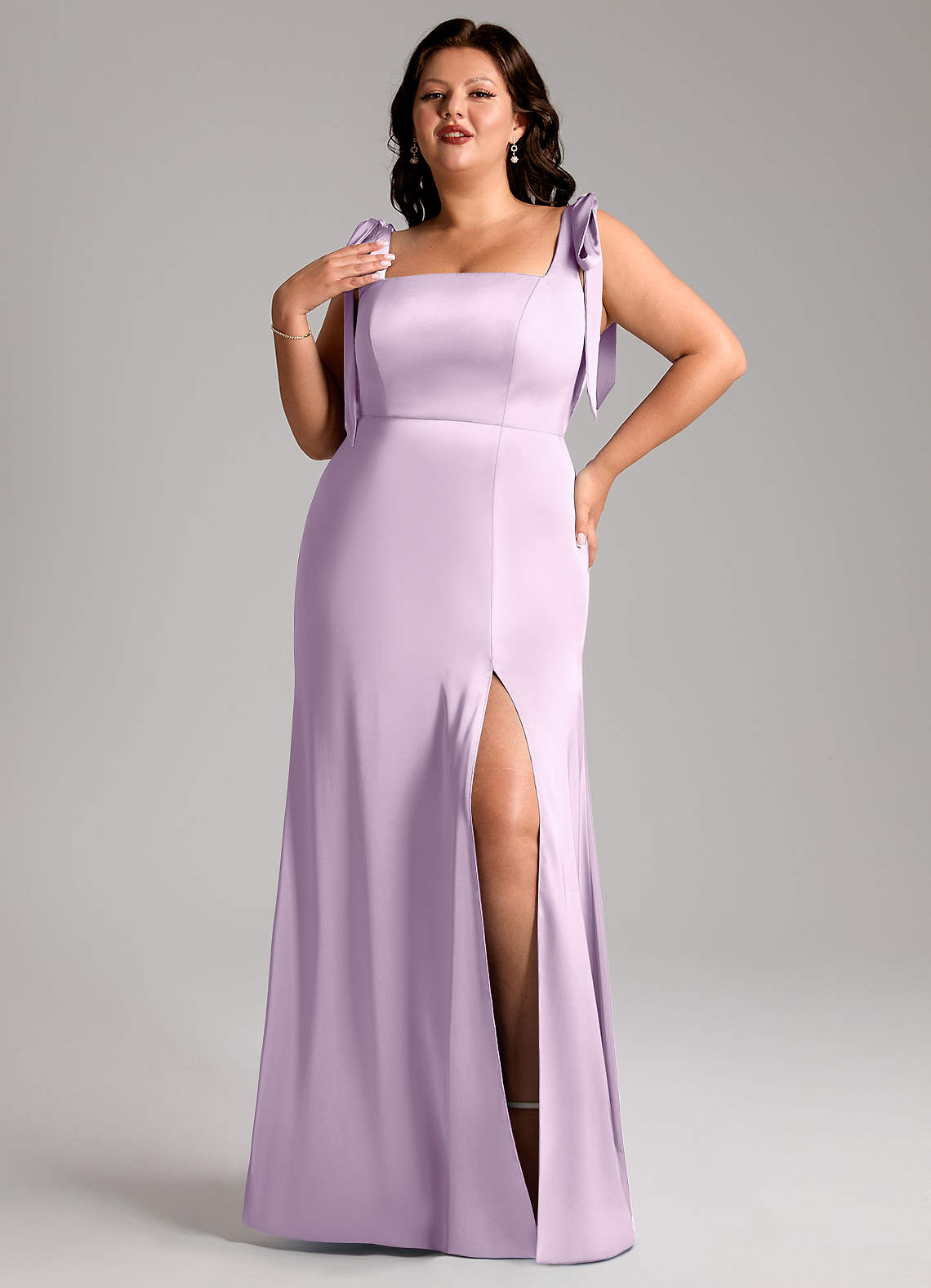 Azazie Frostine Bridesmaid Dresses Frosted Lilac A-Line Bow Stretch Satin Dress image1
