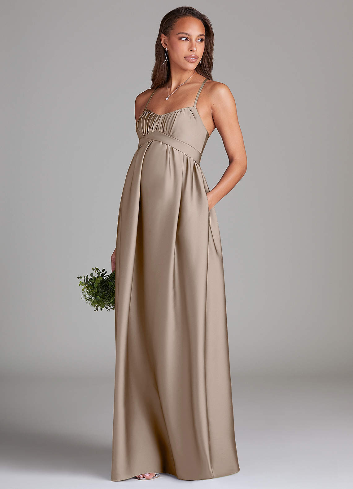 Azazie Llana Maternity Bridesmaid Dresses A-Line Stretch Satin Floor-Length Dress with Pockets image1