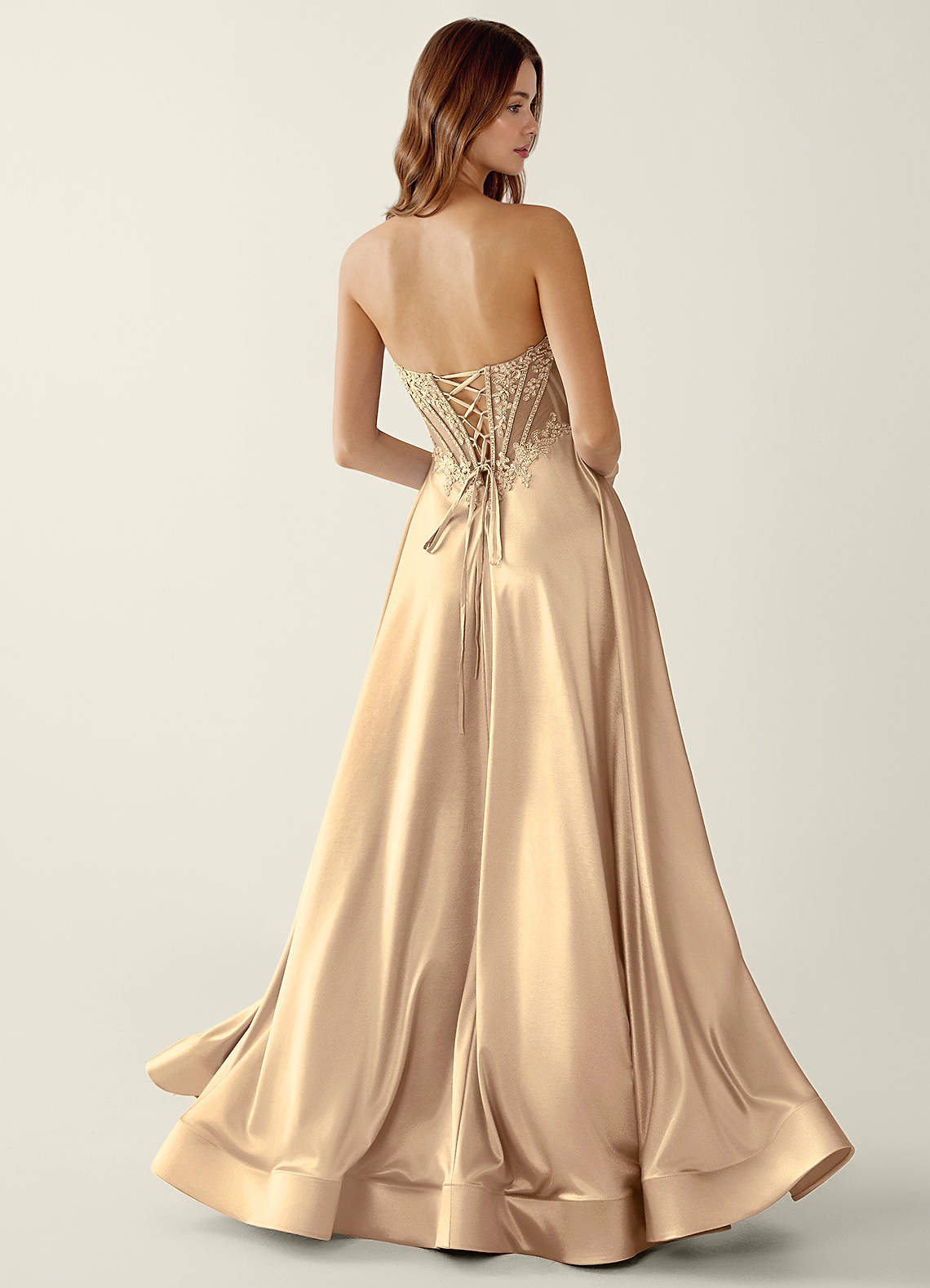 Azazie Champagne Corset Beading Square Formal Dress