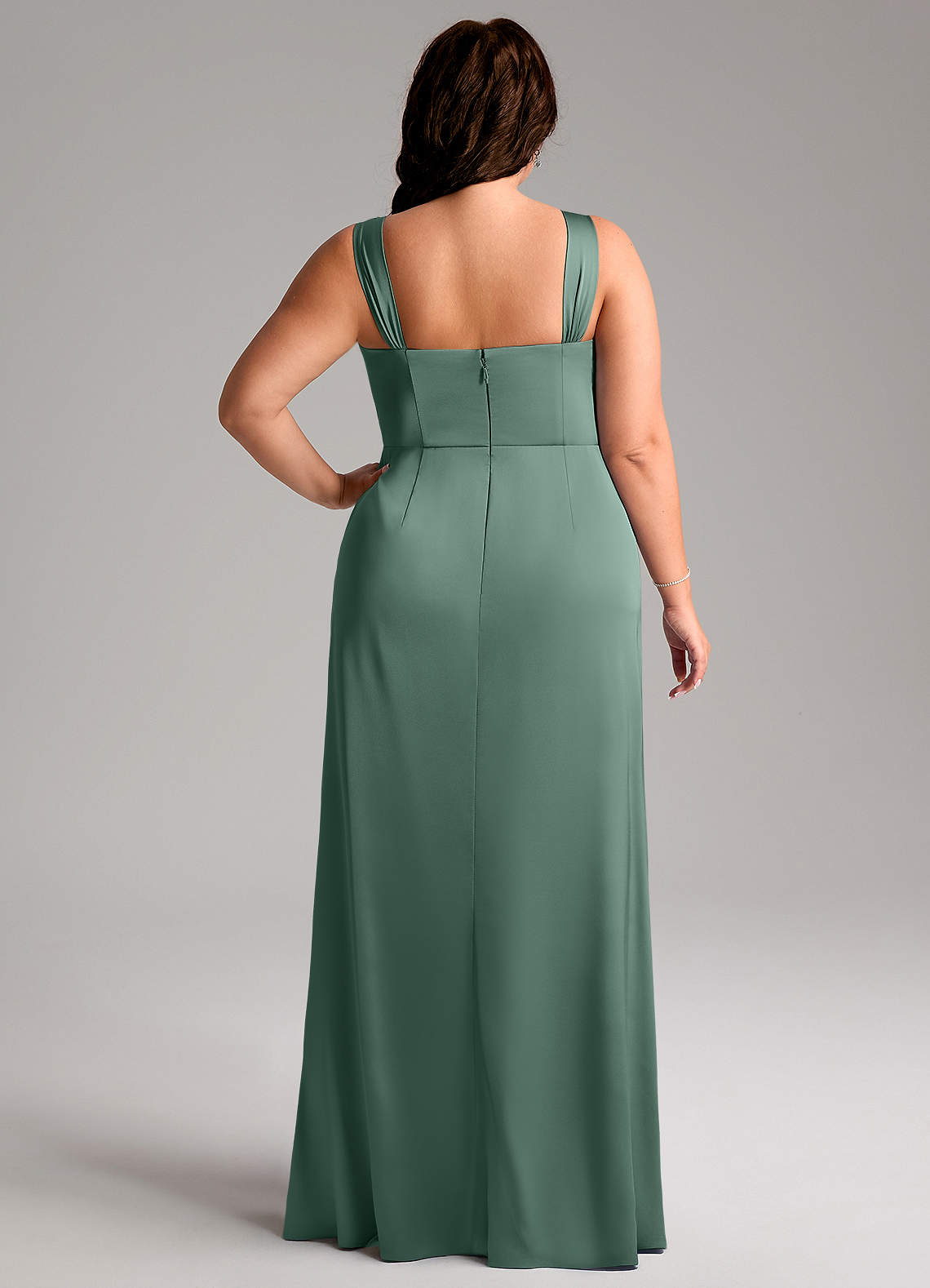 Azazie Denice Bridesmaid Dresses Eucalyptus Sheath Pleated Stretch Satin Dress image10