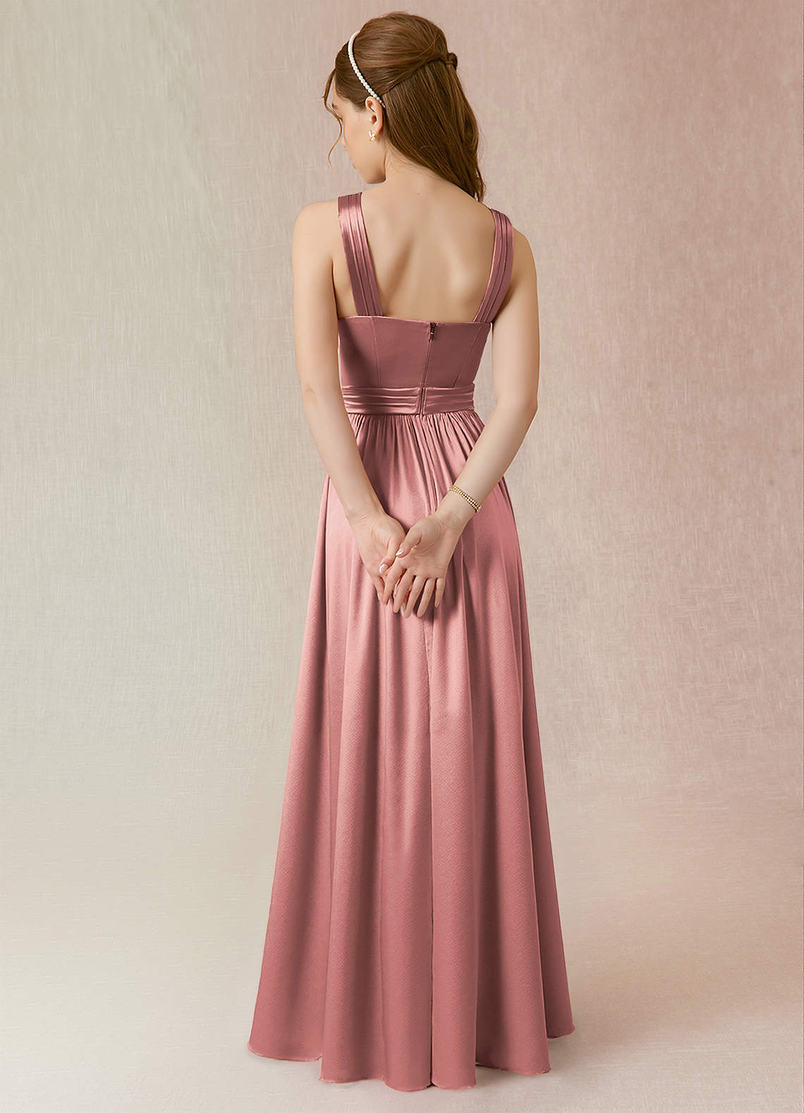 Azazie Jiya Junior Dusty Rose A-Line Pleated Metallic Satin Dress image1