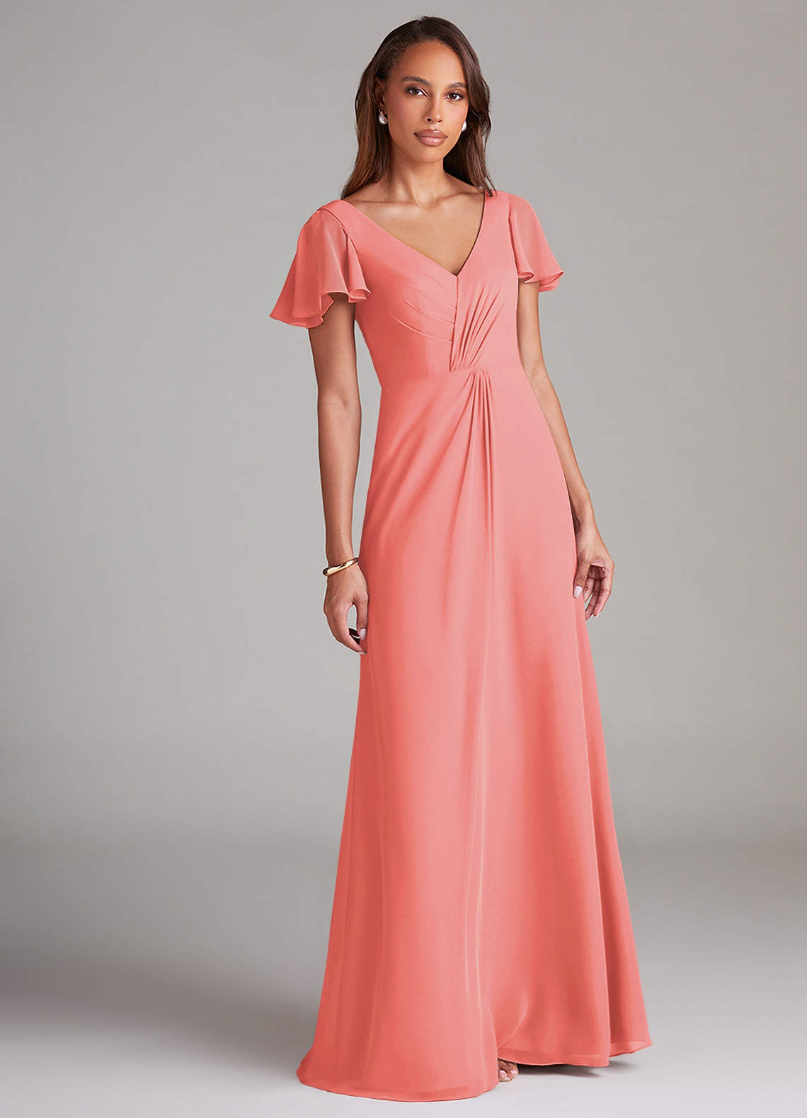 Azazie Soren Abiti da Damigella Abito A-Line in Chiffon Increspato Corallo image1