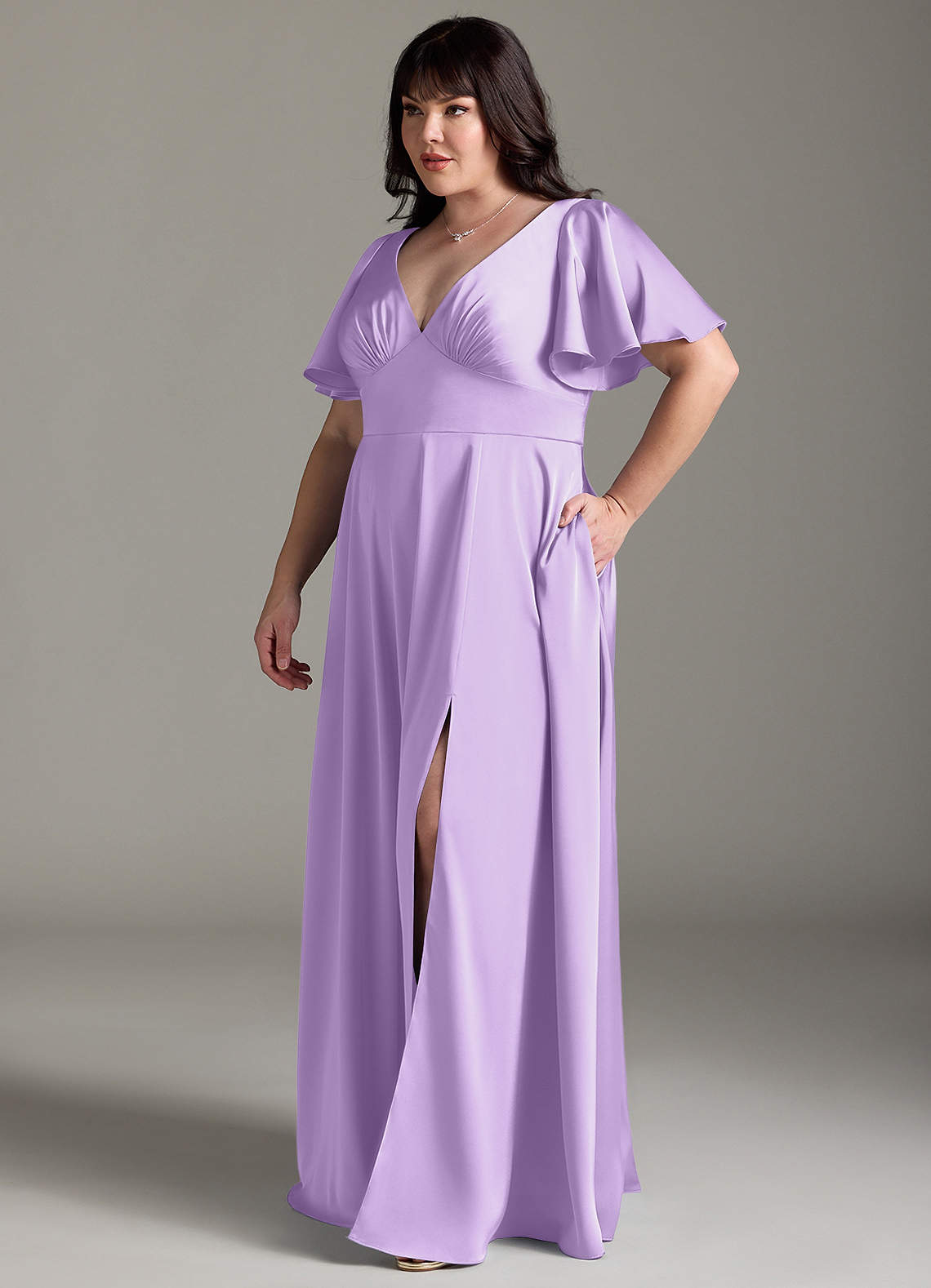 Azazie Kimber Bridesmaid Dresses Lilac A-Line Ruched Stretch Satin Dress image9