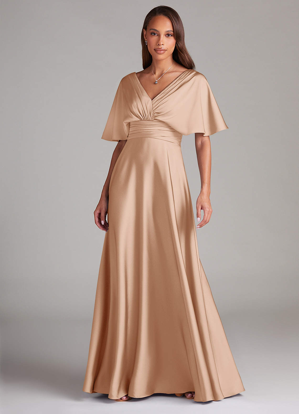 Azazie Pamela Robes de demoiselle d'honneur Robe Trapèze en Satin extensible Plissée Rose Perle image1