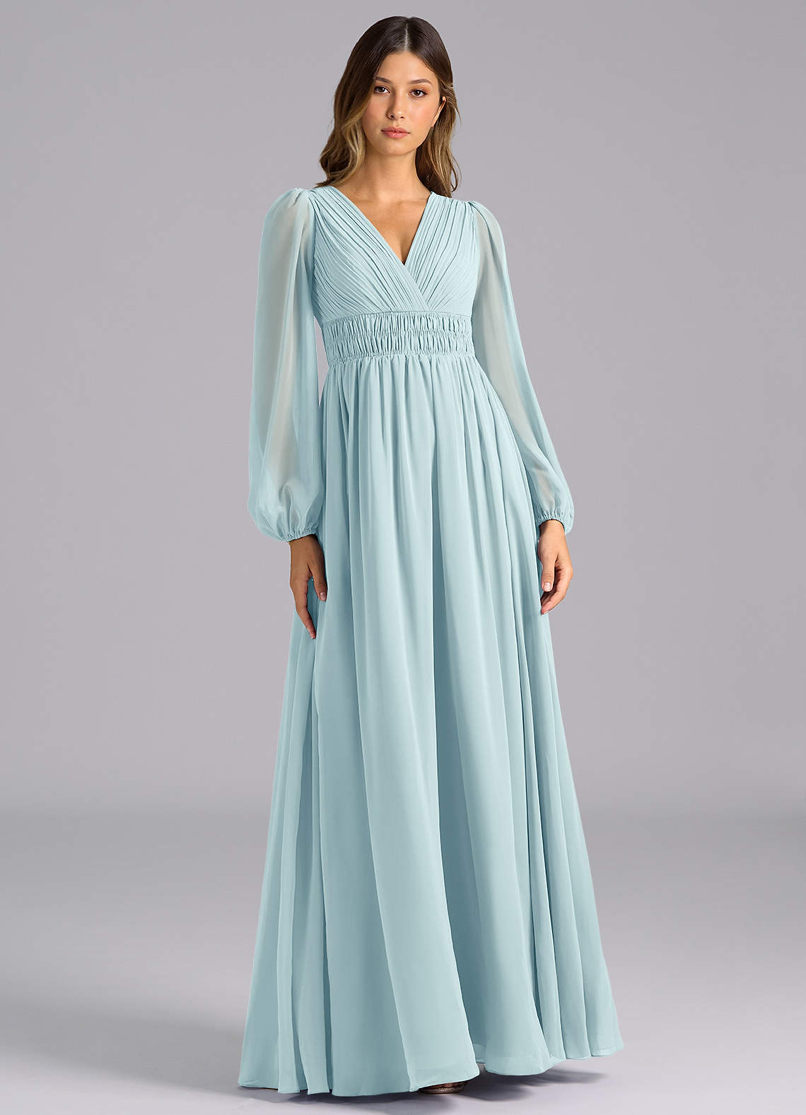 Azazie Palerma Bridesmaid Dresses Sea Glass A-Line Long Sleeve Chiffon Dress image1