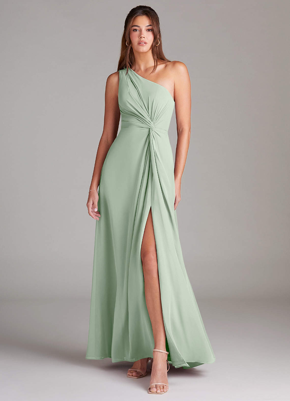 Azazie Brooke Bridesmaid Dresses Agave A-Line One Shoulder Chiffon Dress image1