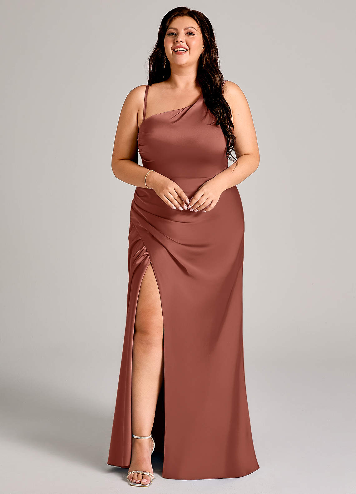 Azazie Madelyn Bridesmaid Dresses Auburn Mermaid One Shoulder Stretch Satin Convertible Dress image13
