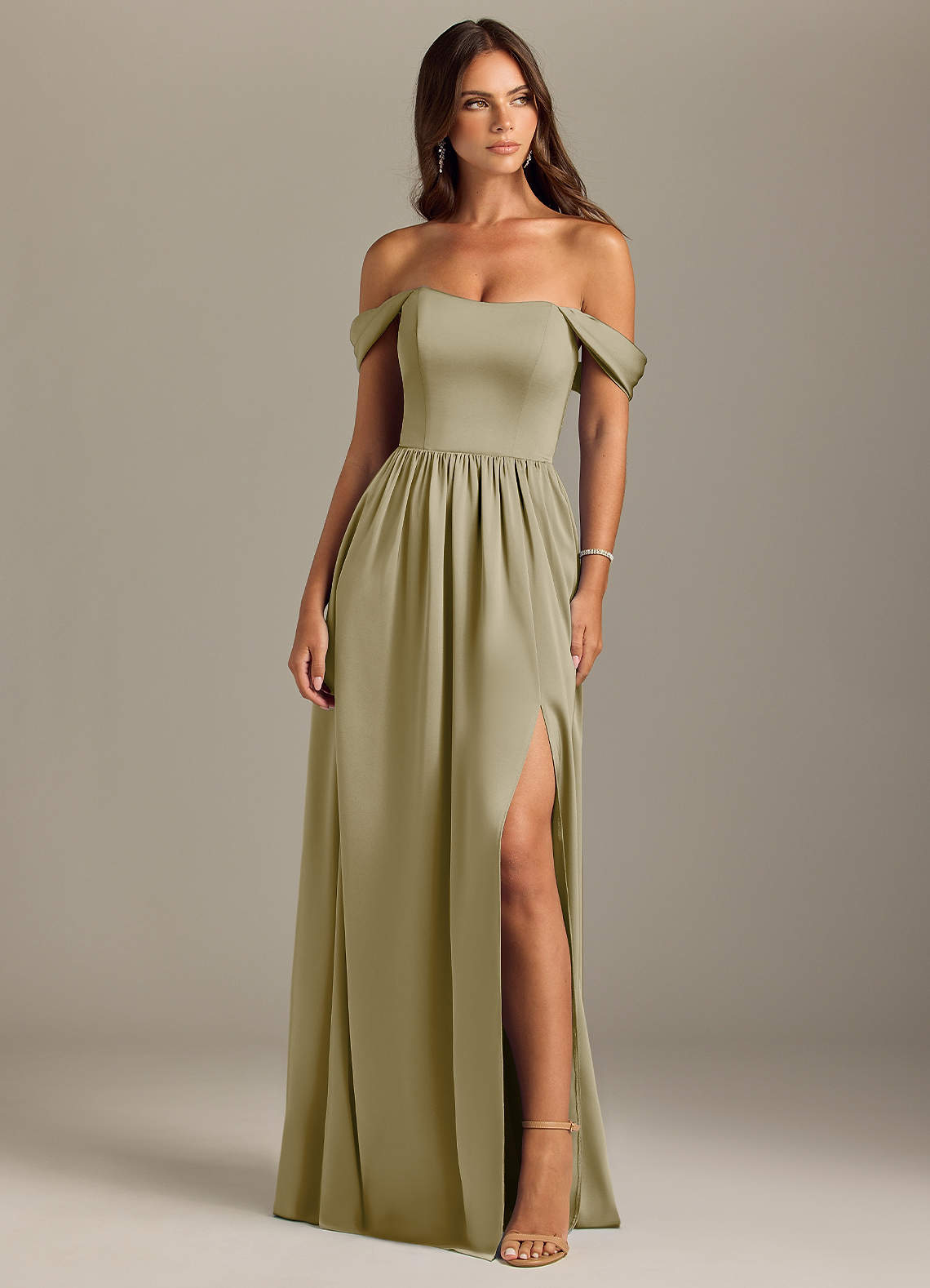Azazie Calianna Bridesmaid Dresses Moss Green A-Line Off the Shoulder Stretch Satin Convertible Dress image1