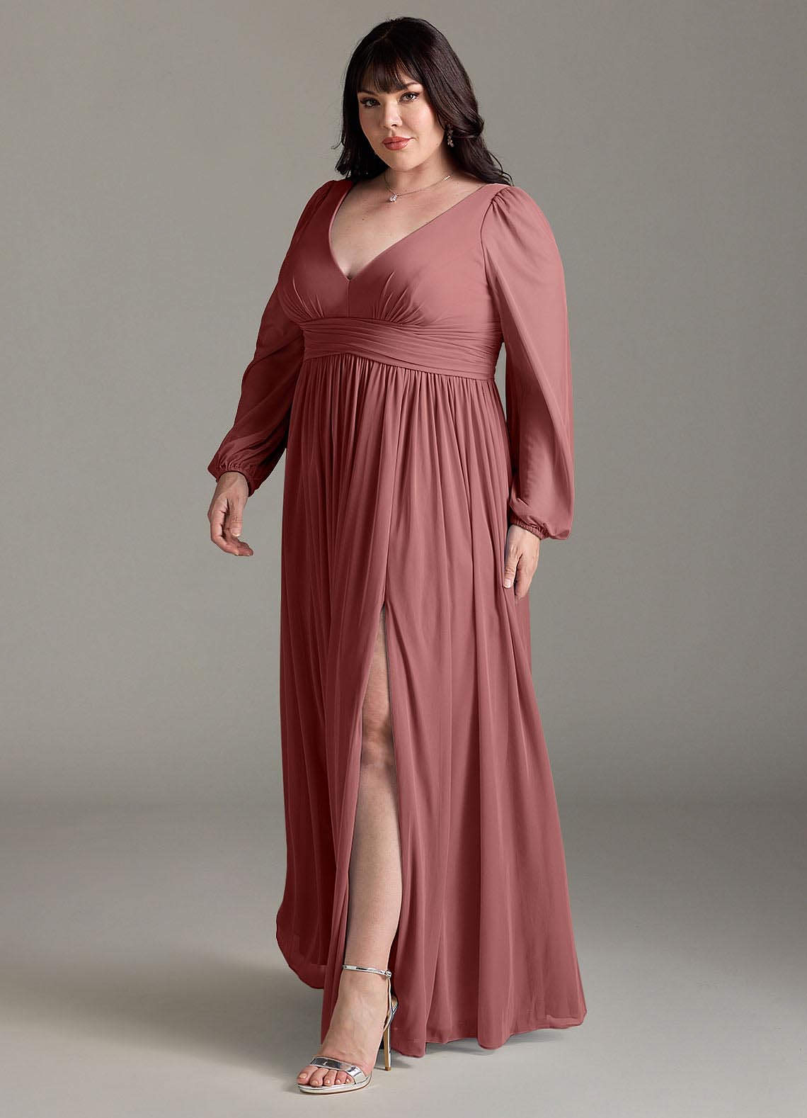 Azazie Norah Bridesmaid Dresses Amethyst A-Line V-Neck Long Sleeve Chiffon Dress image10
