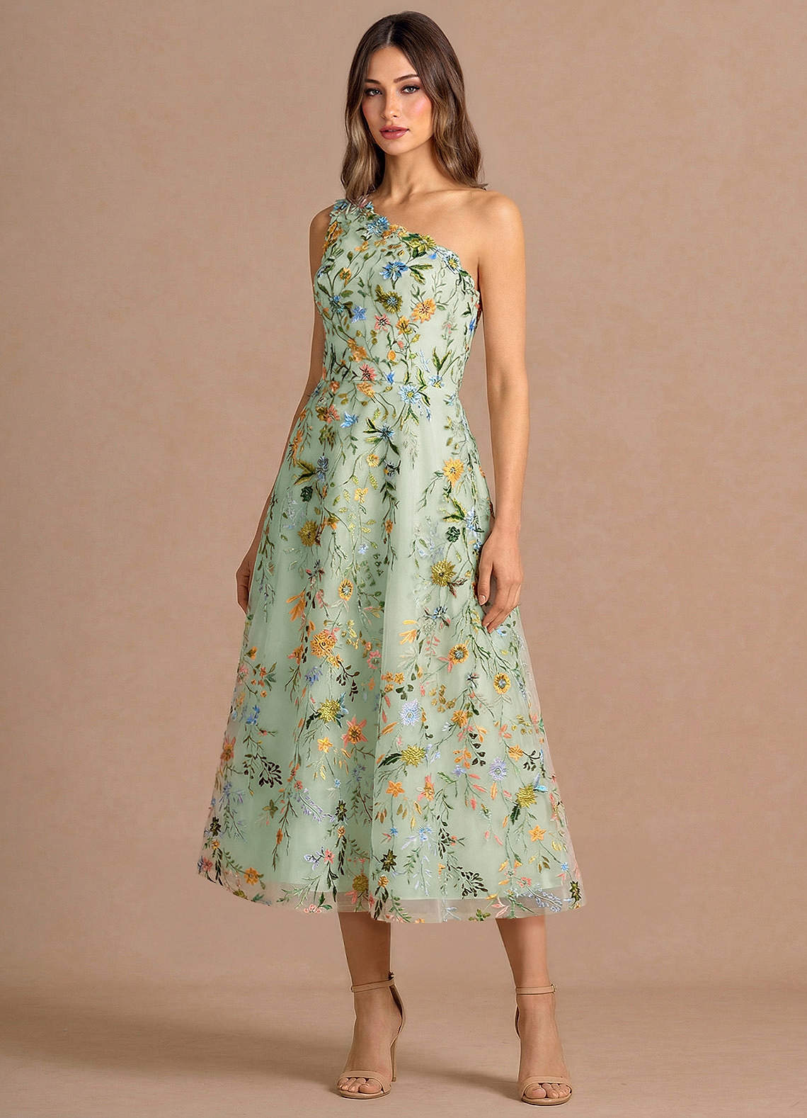 light green tea length dress Azazie Midi Dresses A-Line Wedding Guest Semi-Formal Dresses One Shoulder 3D Flowers Light Green