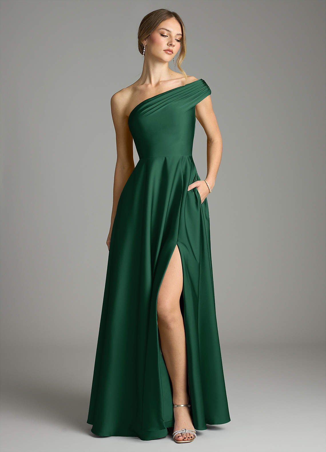 Azazie A-Line Off The Shoulder Floor-Length Stretch Satin Bridesmaid Dresses - Dark Green Azazie A-Line Off The Shoulder Floor-Length Stretch Satin Bridesmaid Dresses - Dark Green