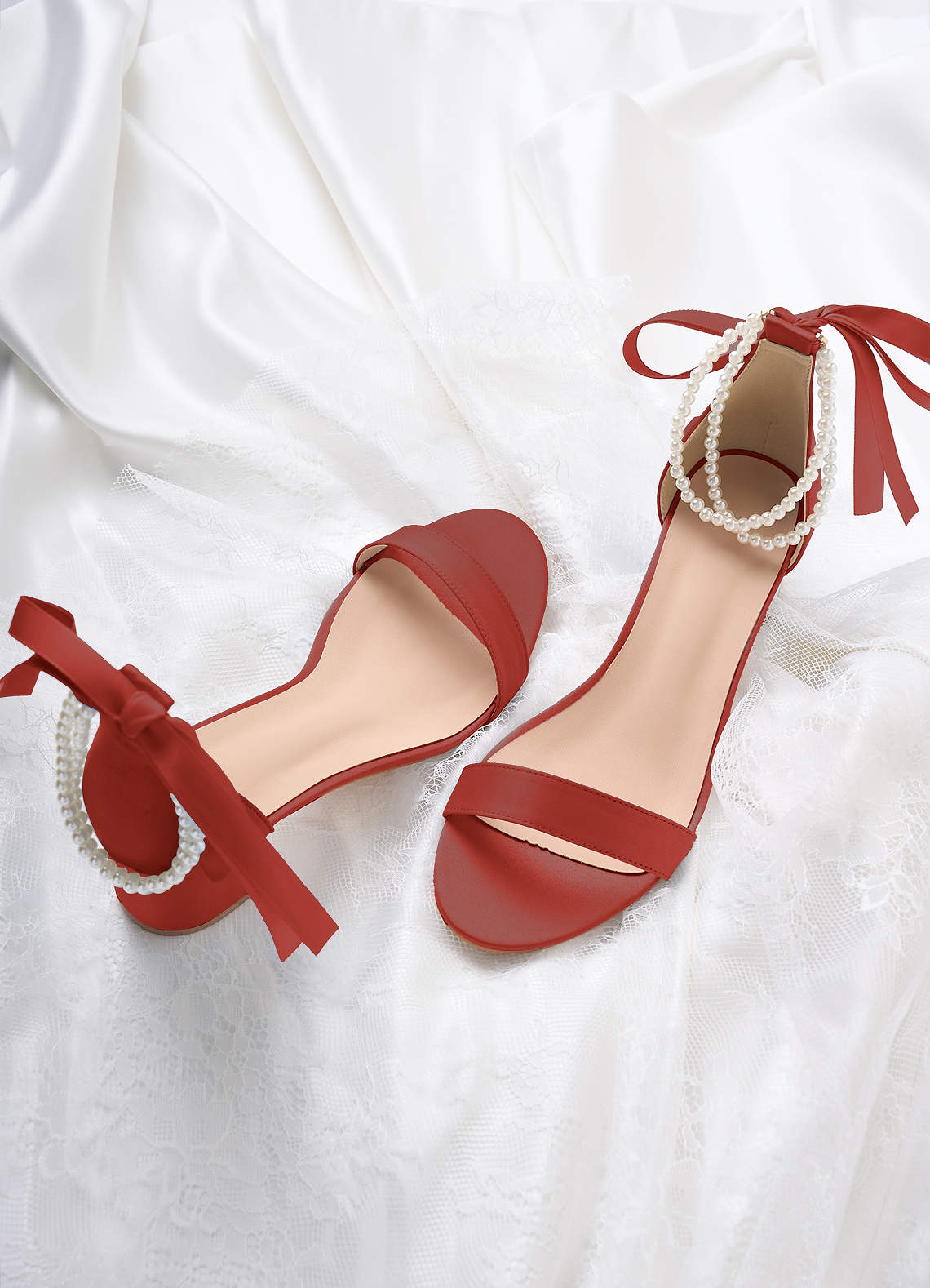 front Matching Color Matte Satin Pearl and Bow Open Toe Chunky Heel Sandals