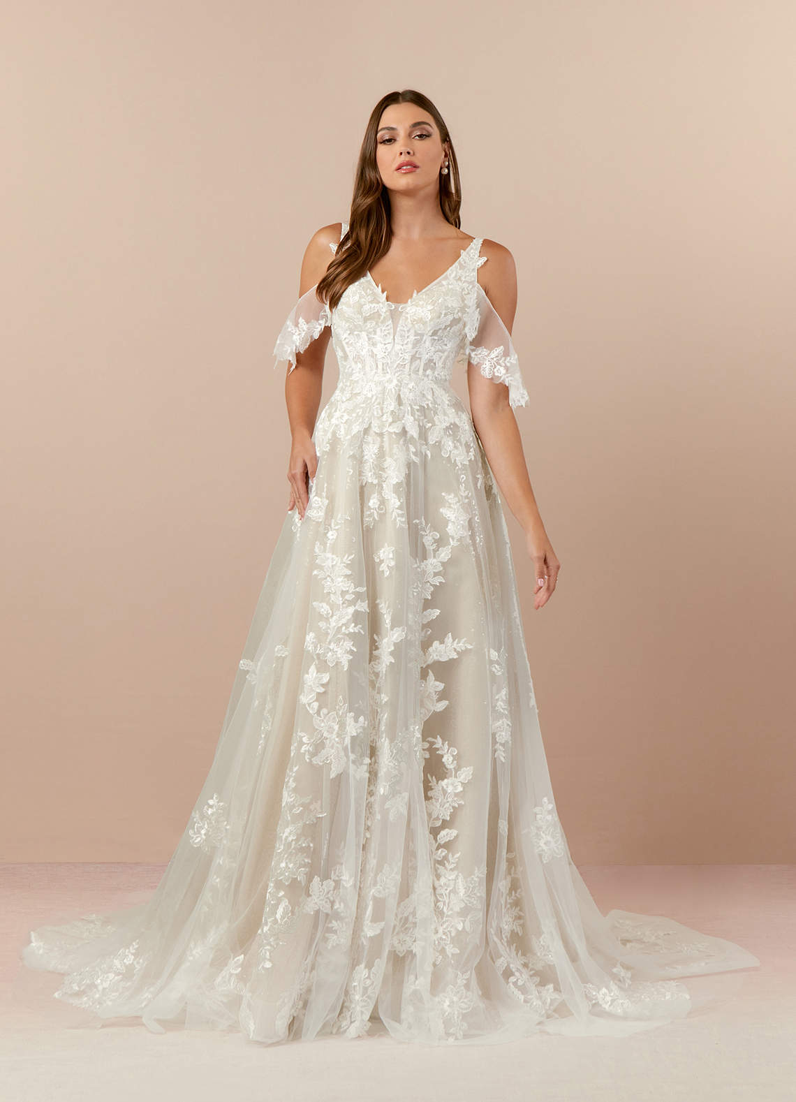 Azazie Ada Wedding Dresses Diamond White Nude A-Line V-Neck lace Tulle Dress image2