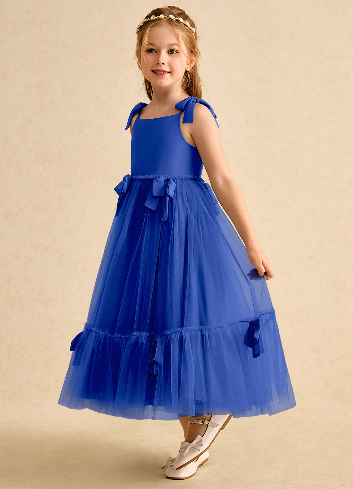 Azazie Jaci vestidos de niña de las flores Vestido de Azul Real de Gasa de Corte En A con Tirante Espagueti image1