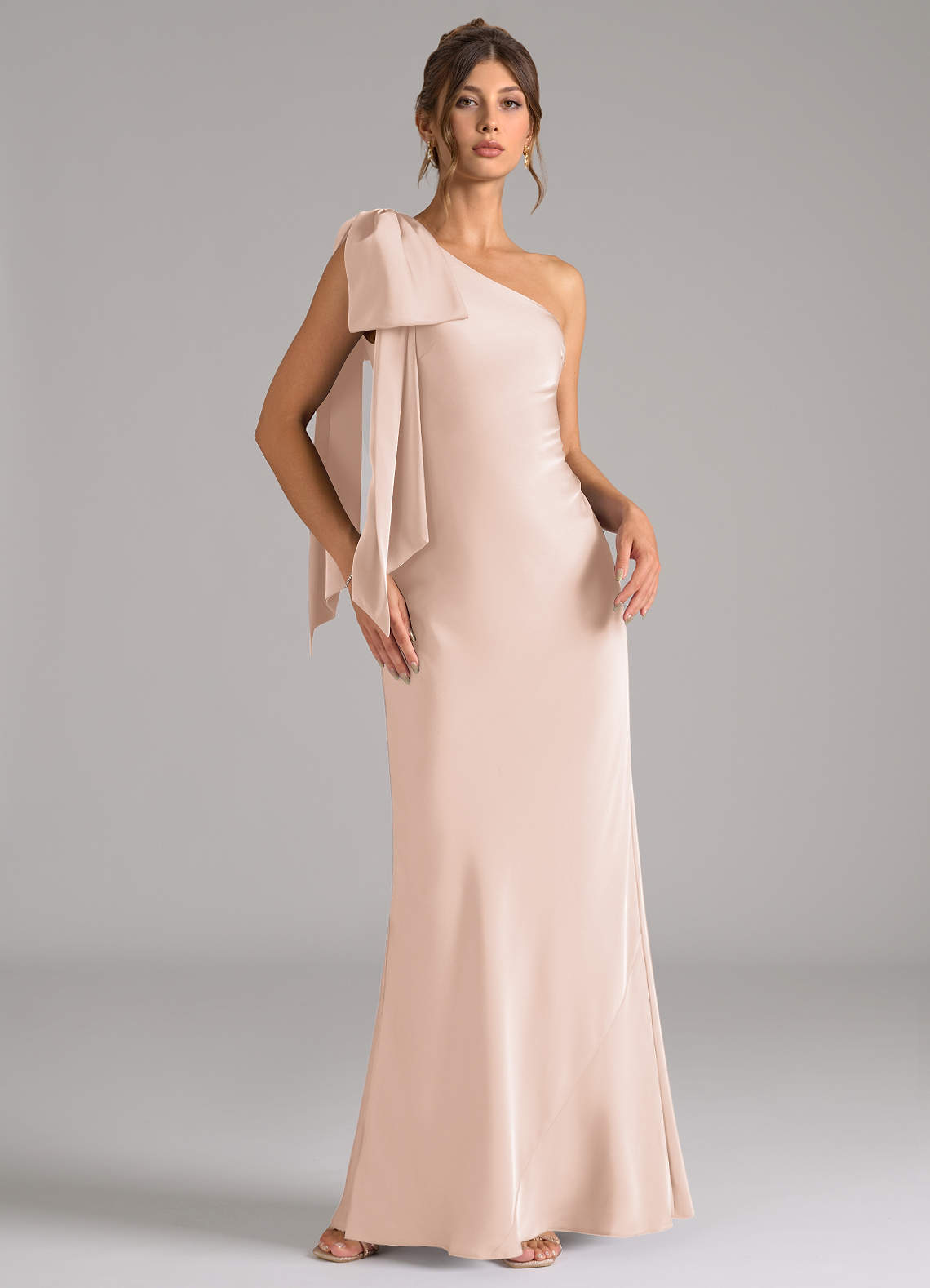 Azazie Capri Bridesmaid Dresses Blushing Pink Mermaid One Shoulder Stretch Satin Dress image1